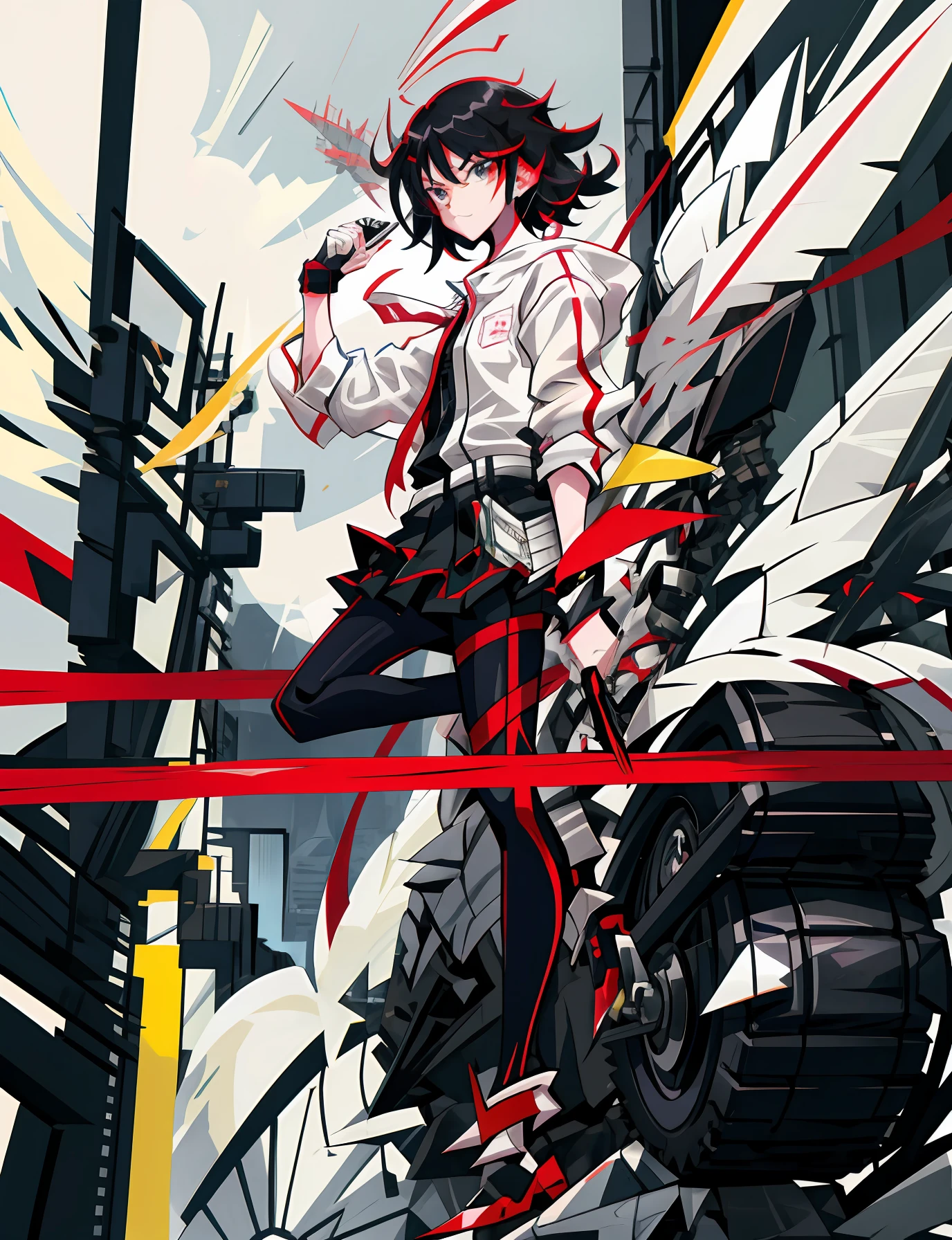 anime girl on a motorcycle with a red ribbon in front of a building, kill la kill illustration, anime style 4 k, best anime 4k konachan wallpaper, badass anime 8 k, anime art wallpaper 8 k, anime art wallpaper 4 k, anime art wallpaper 4k, kill la kill, ryuko matoi, attractive matoi ryuko