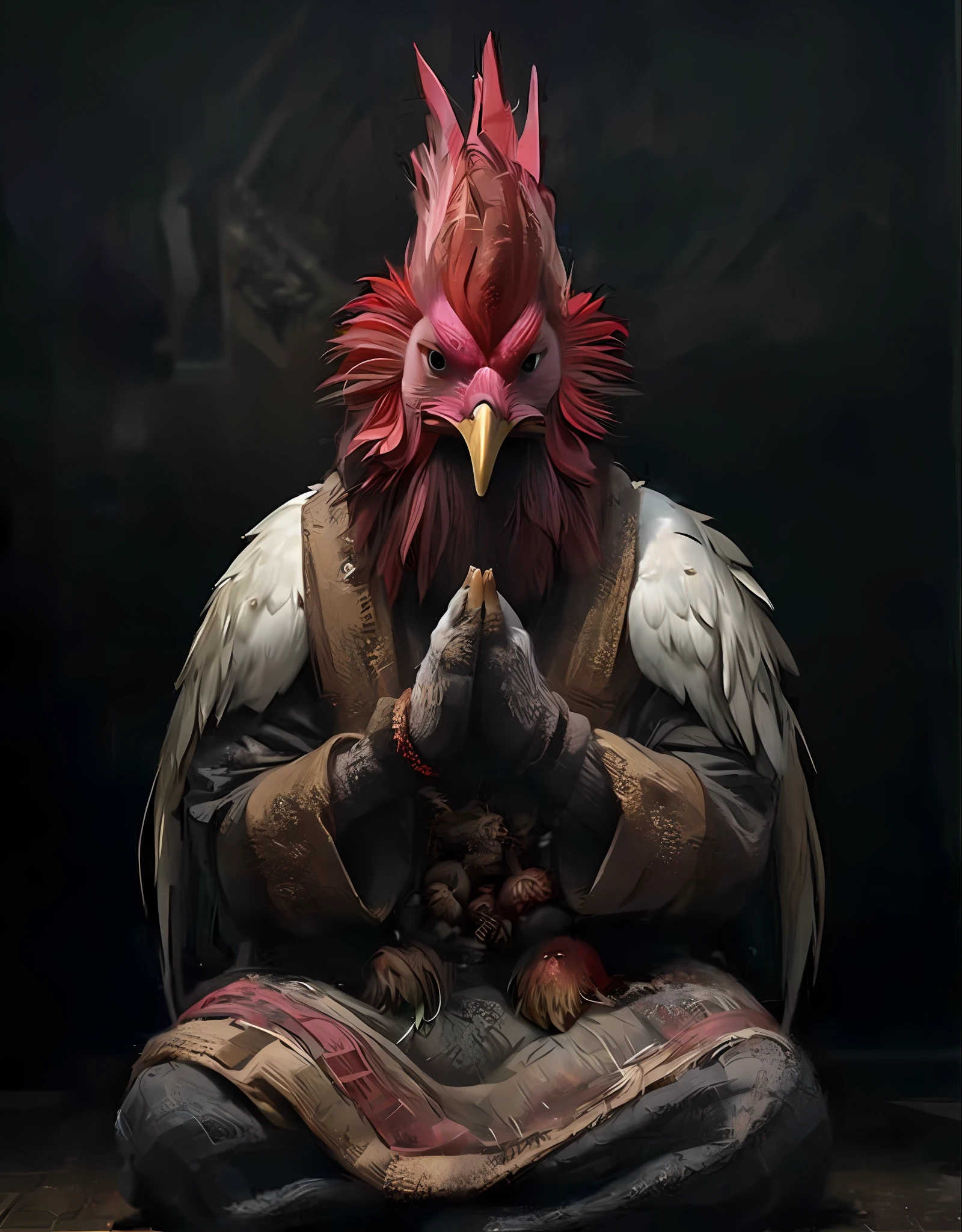 Close up of a chicken sitting on the floor alone, king of roosters, anthropomorphic chickens, kenku, roosters, tengu masks, roosters!!, surreal concept art, surreal concept art, chicken feather armor, bird warrior, realistic concept art, amazing 8K character concept art, 4K concept art and surreal, gorgeous backgrounds