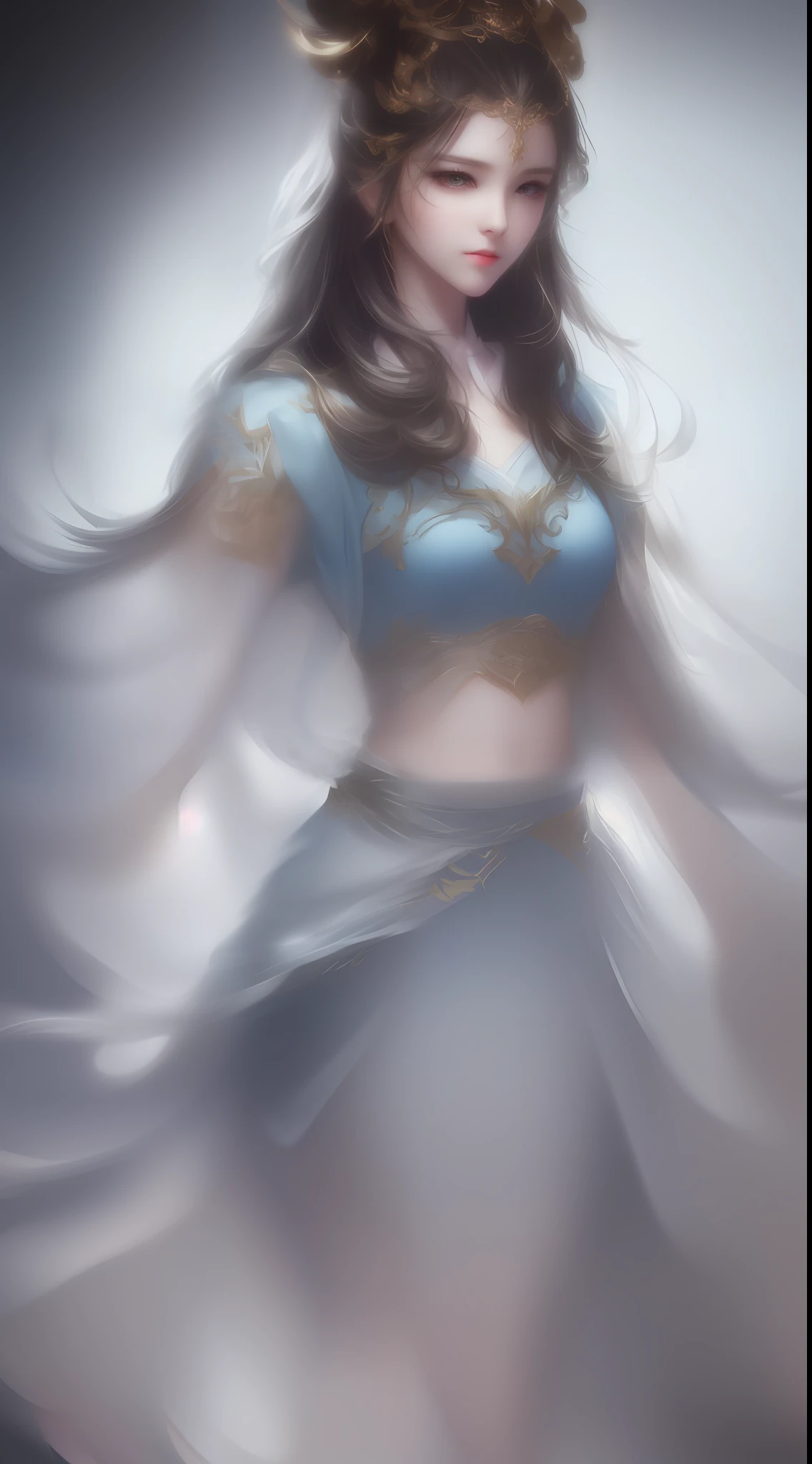 1 woman, beautiful face, delicate skin, gorgeous bun, hair accessories, hanfu, full body, high detail, denoising, dramatic, cinematic, particle effects, fairy style, white background, super high resolution, best shadow, raw, (HDR) (wallpaper) (cinematic lighting), masterpiece, (very detailed CG unified 8k wallpaper)