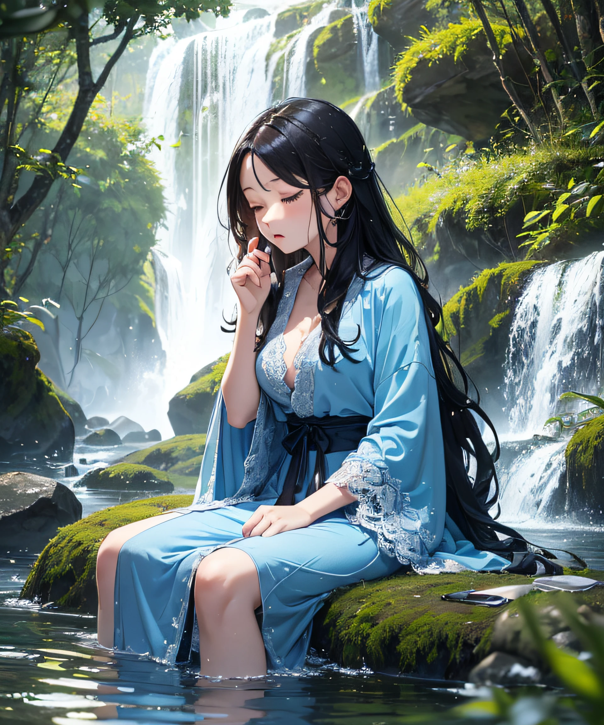 masterpiece, atmosphere, Chinese style, (mountain water with several waterfalls in the distance), (((A maiden in a thin blue lace-like robe is sitting on a large rock fishing)), (Fishing), (Extremely long black hair fluttering in the wind), (Fish splashing on the surface of the water), 20 years old, (sleepy expression)), deep in the mountains and overgrown with trees, skin gloss, hair luster,