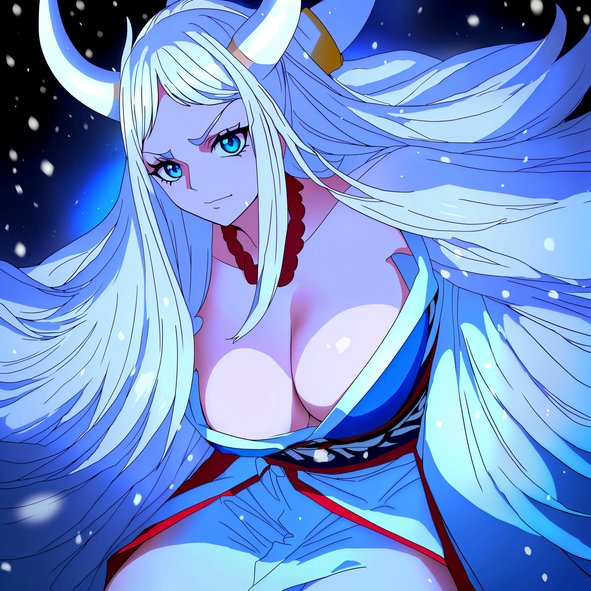 1woman, giant Oni, horns, giant 70m, colossal, bluish skin, long white hair, stirs, thin waist, face with shadow, bright eyes cyan, large breasts, small background, night, snow, carrying katanas, skulls, tribal snow