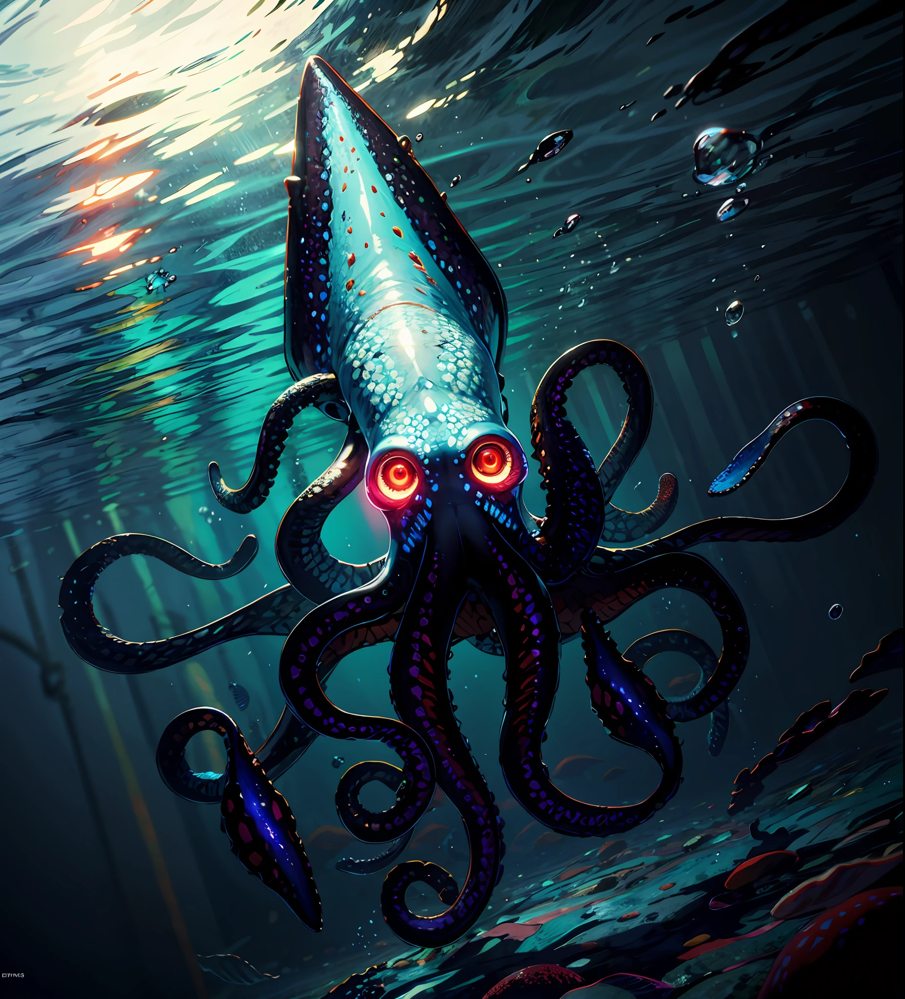 close shot  of a mythical colorful squid, big pincers, shiny multicolored skin, glowing skin, some red and blue dot on the skin ,detailed tentacles, detailed skin, the squid is swimming under the sea, looking at viewer with the glowing eyes, blue and red and black skin, crystal, coral ,clear water,focus, alien underwater landscape background .BREAK,Detailed,Realistic,4k highly detailed digital art,octane render, bioluminescent, BREAK 8K resolution concept art, realism,by Mappa studios,masterpiece,best quality,official art,illustration,ligne claire,(cool_color),perfect composition,absurdres, fantasy,focused,rule of thirds,