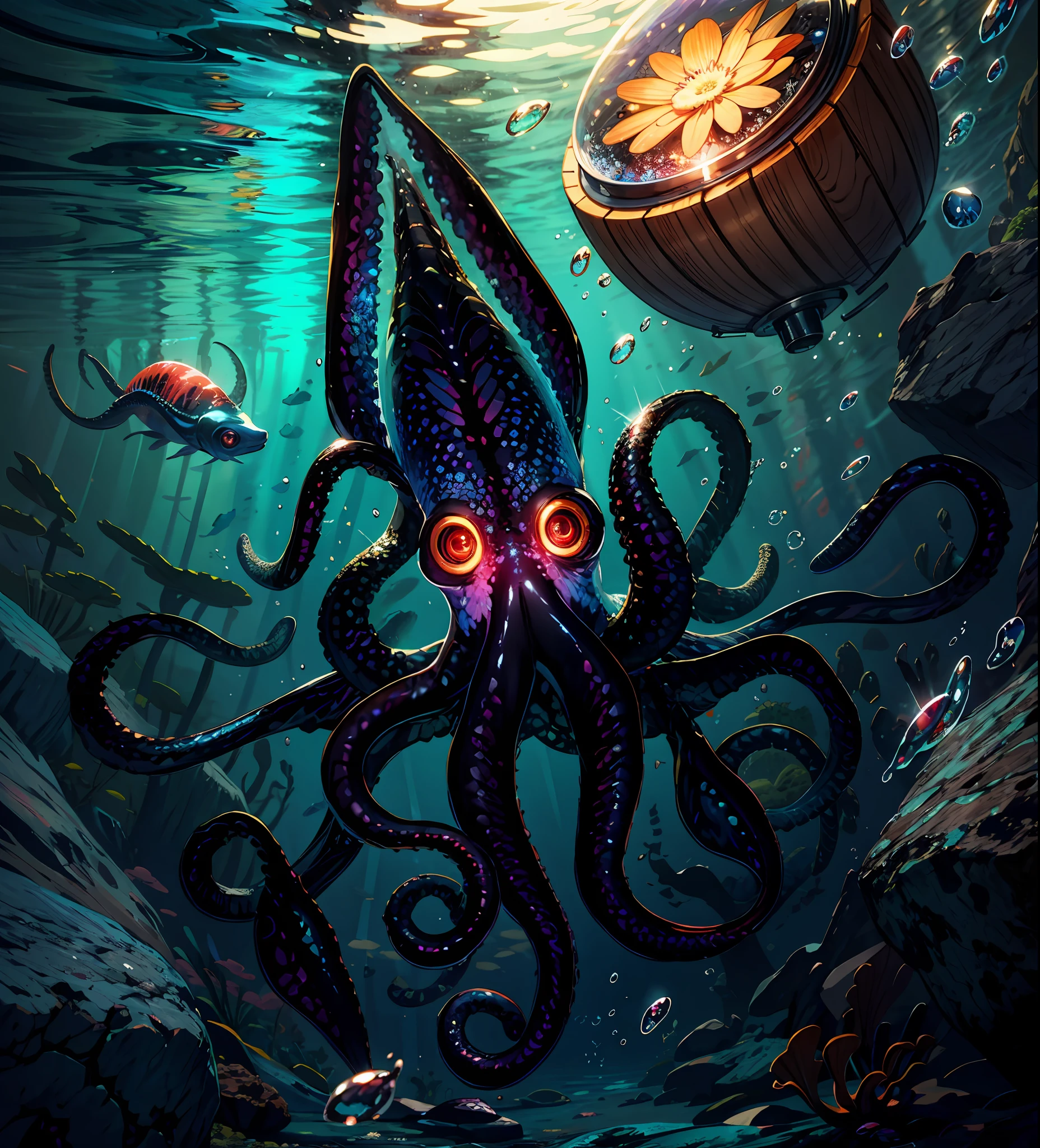 close shot of a mythical colorful squid, big pincers, shiny multicolored skin, detailed tentacles, detailed skin, the squid is swimming under the sea, looking at viewer with the glowing eyes, blue and red and black skin, crystal, coral ,clear water,focus, alien underwater landscape background .BREAK,Detailed,Realistic,4k highly detailed digital art,octane render, bioluminescent, BREAK 8K resolution concept art, realism,by Mappa studios,masterpiece,best quality,official art,illustration,ligne claire,(cool_color),perfect composition,absurdres, fantasy,focused,rule of thirds,