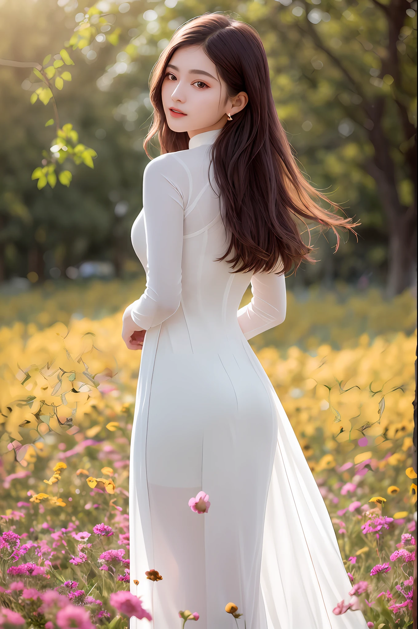 a beautiful girl in white aodai , masterpiece, best quality, realistic:1.3,in a field of flowers, holding bundle of flowers, sunlight, backlighting
