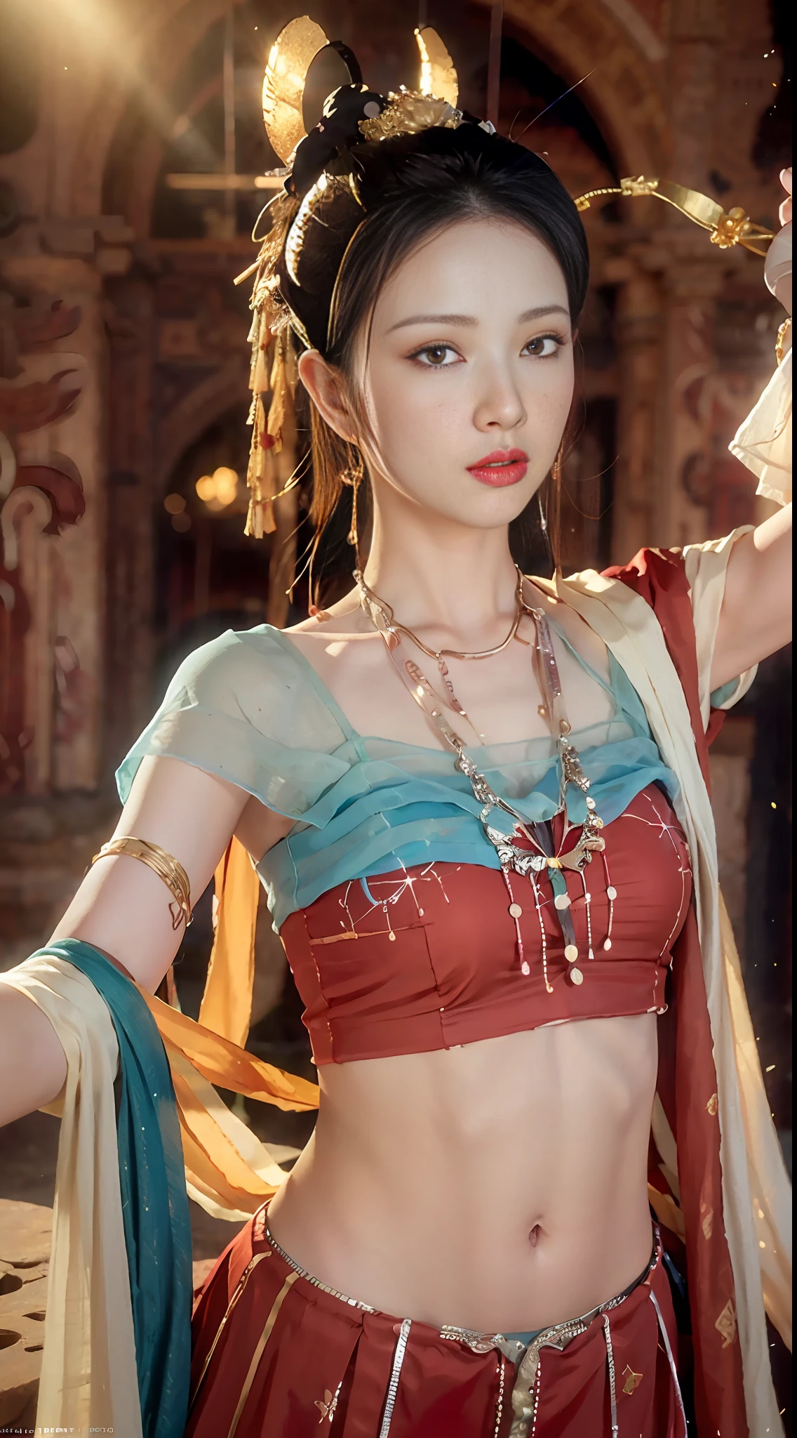 (8k, RAW photo, best quality, masterpiece:1.2), (realistic, photo-realistic:1.4), (extremely detailed CG unity 8k wallpaper), (1 girl:1.5), Western beauty, (red clothes: 1.4), red spots on forehead, pale skin, blush, big eyes, full body, thighs, open navel, gold waist chain, gold jewelry, flying ribbons, particles, background is Loulan ancient city, ancient city wall, desert, dance, dunhuang_dress, dunhuang_style, (masterpiece), best quality, 8K resolution, 3D, close-up, a beautiful girl, wearing a slip dress, with a necklace, a beauty mole under the corner of the left eye, Perfect figure, ((beautiful detailed face)), (upper body: 1.3), black hair (messy), delicate makeup, red lips, shiny lips, long eyelashes, with silver earrings, bright big eyes, eye shadow, lying silkworm, movie lighting, cute girl, master works, high detail, colorful picture, light and shadow details, extremely delicate beautiful girl, supple and fair skin, delicate facial features, perfect face, stunning beauty, extreme details, realistic details, facing the audience, taking a selfie with a mobile phone, Clear focus: 1.2