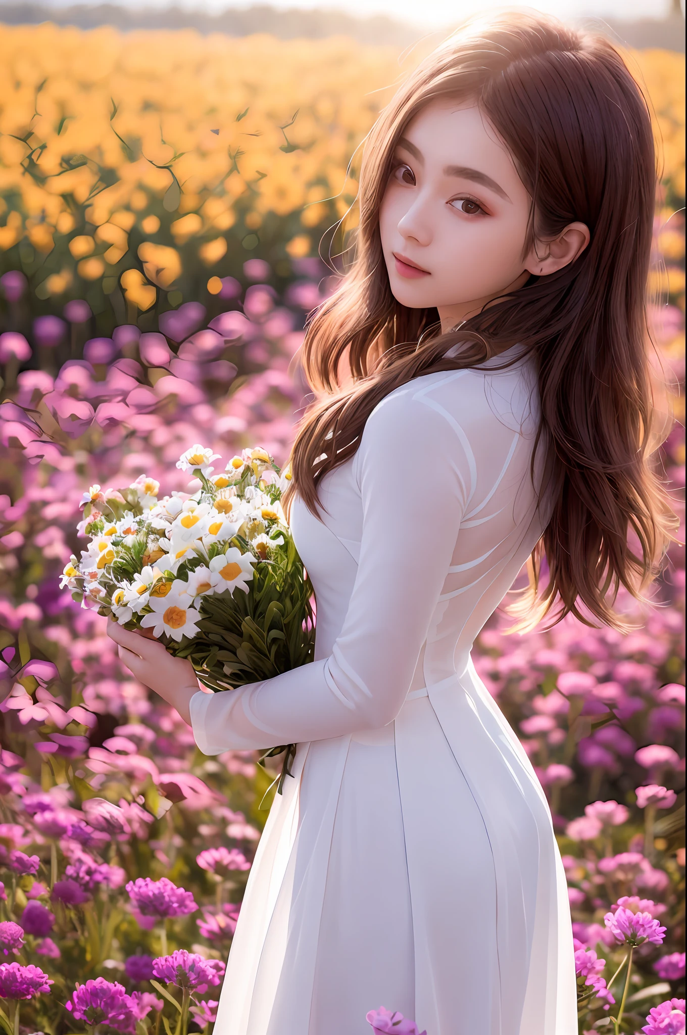 a beautiful girl in white aodai , masterpiece, best quality, realistic:1.3,in a field of flowers, holding bundle of flowers, sunlight, backlighting