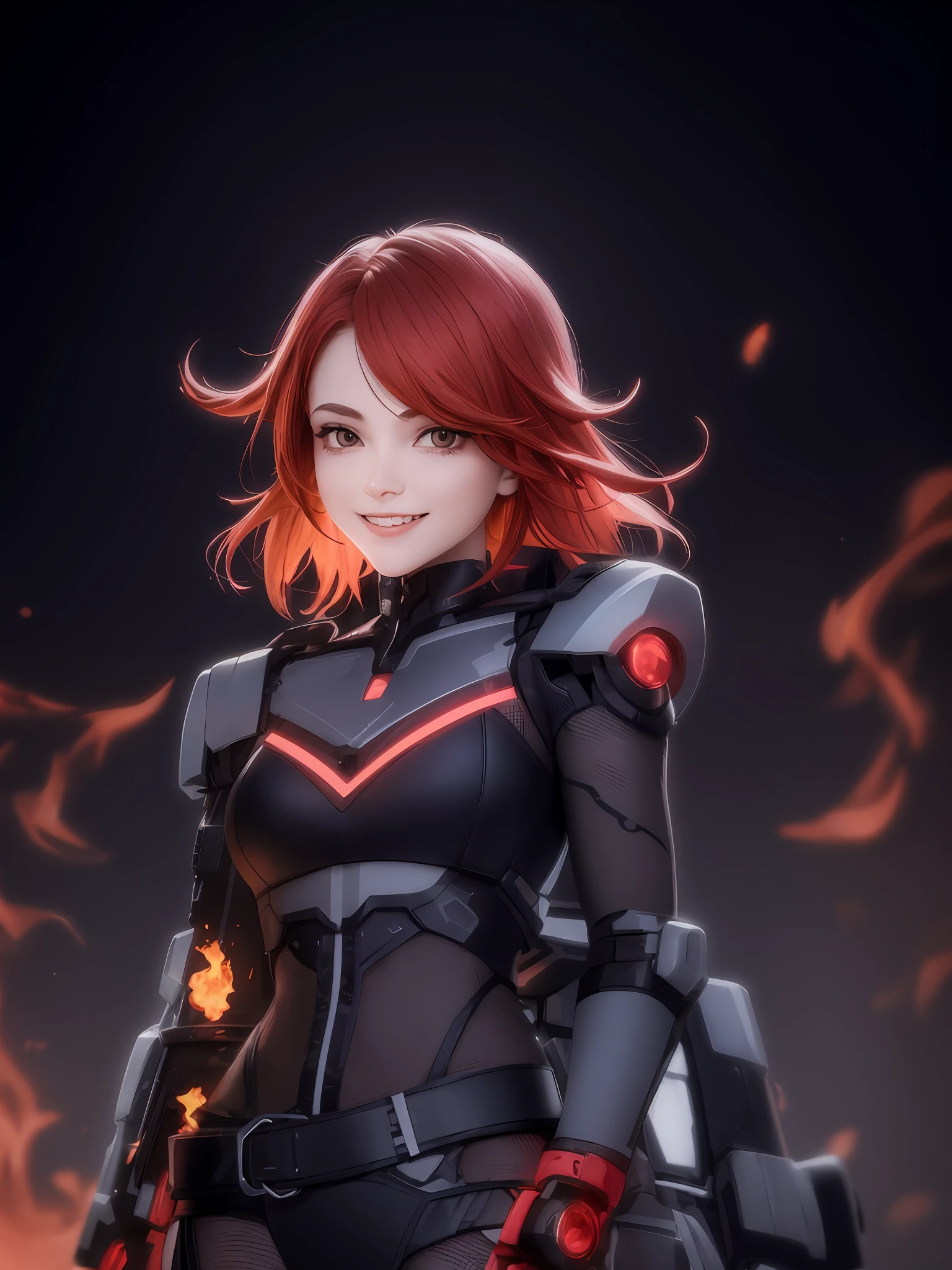 Cartoon of a woman with red hair and a black shirt, cyborg - girl with fire red hair, cyborg merchant girl young girl shaded art style. She is smiling for a photo with a brunette face, dark brown eyes and a face with brown and attractive skin, a Brazilian woman. Photo with black background