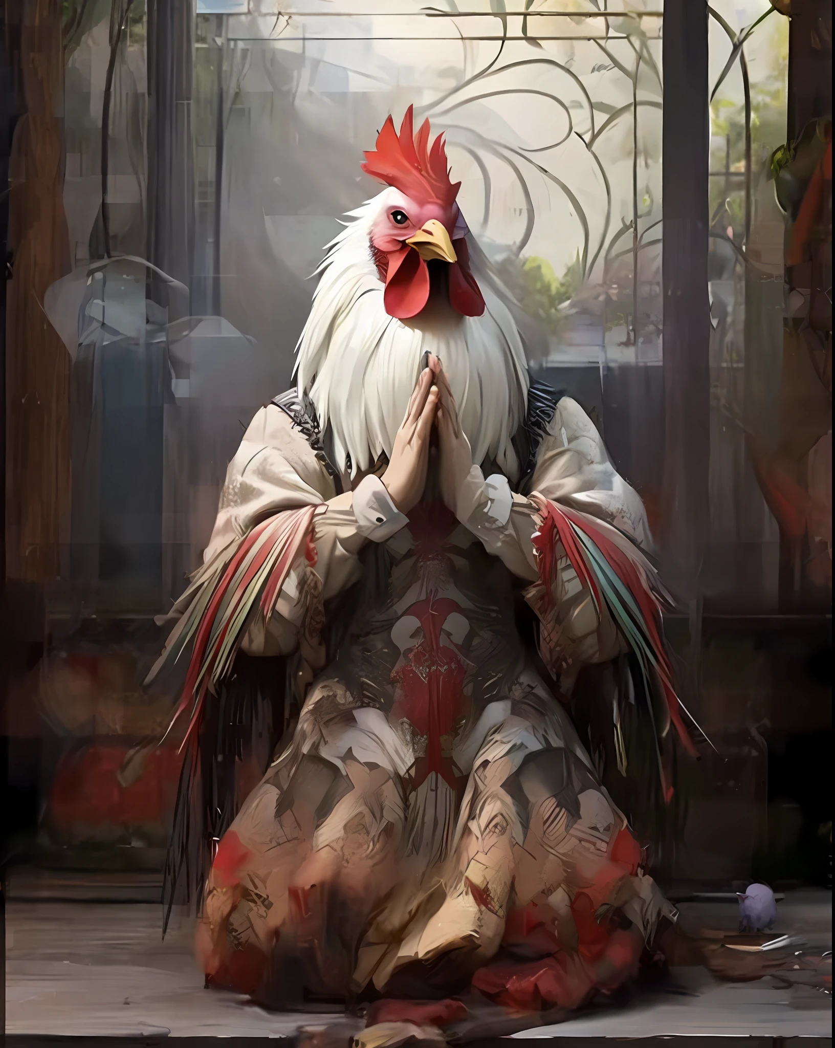 Close up of a man sitting on the floor, he has a chicken head, king of roosters, anthropomorphic chicken, kenku, rooster, tengu mask, rooster!!, surreal concept art, surreal concept art, chicken feather armor, bird warrior, realistic concept art, amazing 8K character concept art, 4k concept art and surreal, gorgeous background