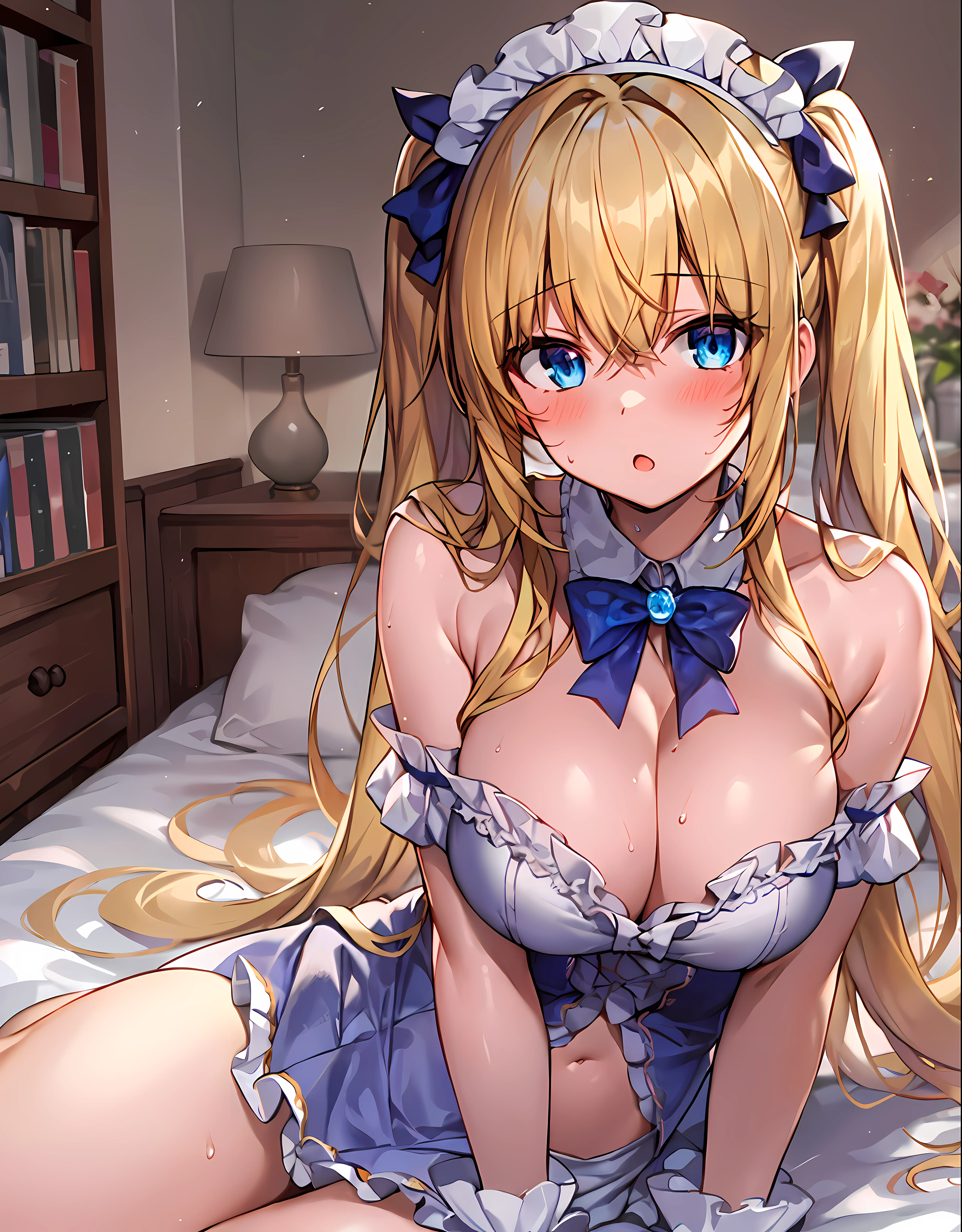 masterpiece,best quality,bed room,(very cute girl:1.4),blush,:o,Glowing and sweaty skin,(large breasts:1.3),maid headdress,maid costume,(twintails,long blonde hair:1.2) BREAK hair bow,drooping blue eyes, fuw,