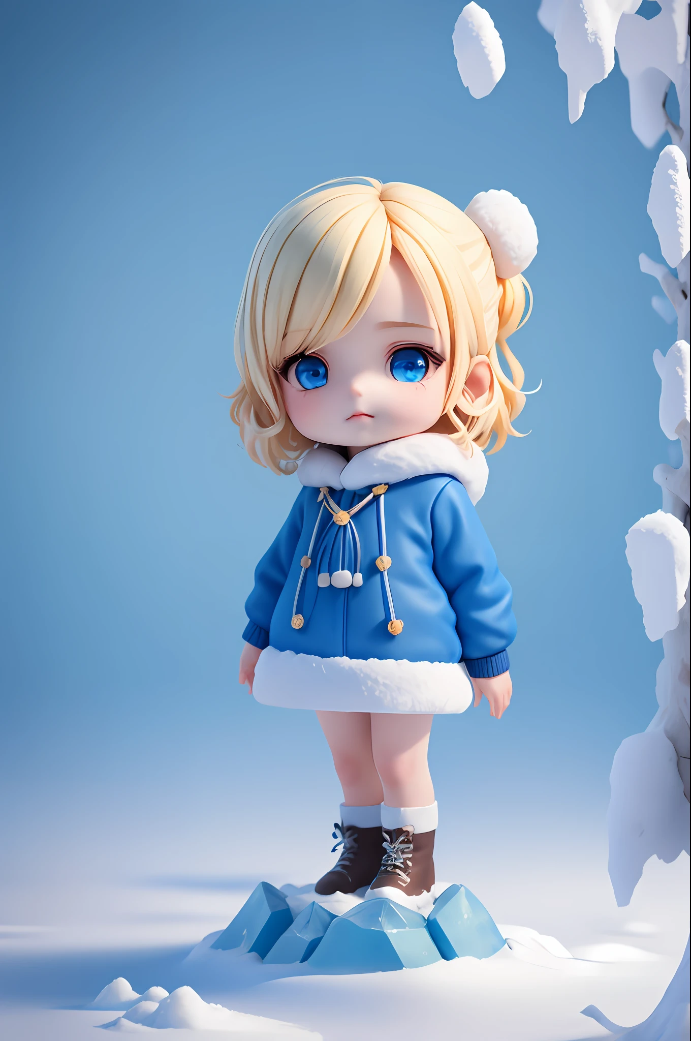(((masterpiece))), (((best quality))), ((ultra-detailed)), (highly detailed CG illustration), cinematic light, intricate detail, full body, chibi , blonde hairs, blue eyes, blue clothes, boy, full body, ice castle background, standing in the snow