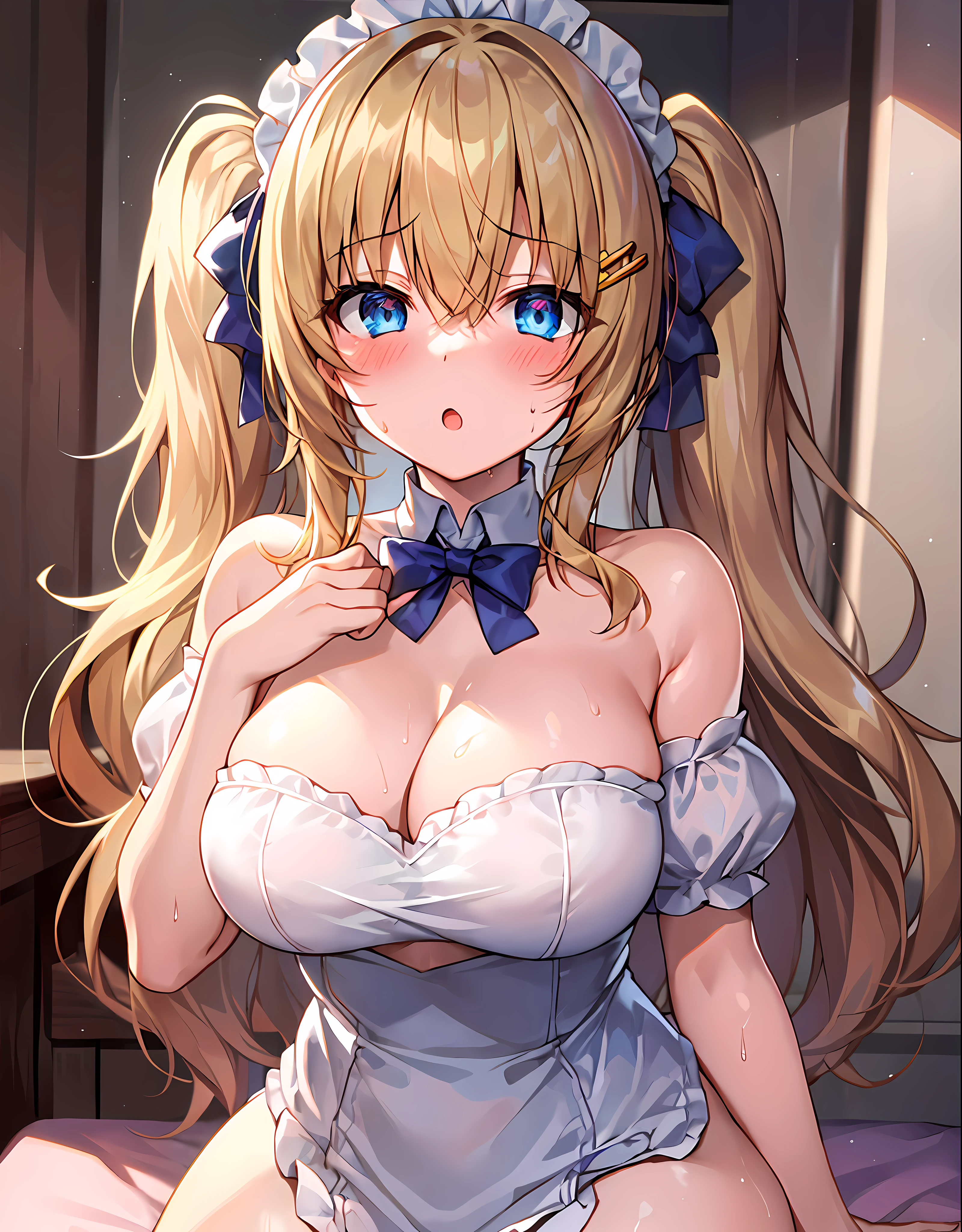 masterpiece,best quality,bed room,(very cute girl:1.4),blush,:o,Glowing and sweaty skin,(large breasts:1.3),maid headdress,maid costume,(twintails,long blonde hair:1.2) BREAK hair bow,drooping blue eyes, fuw,