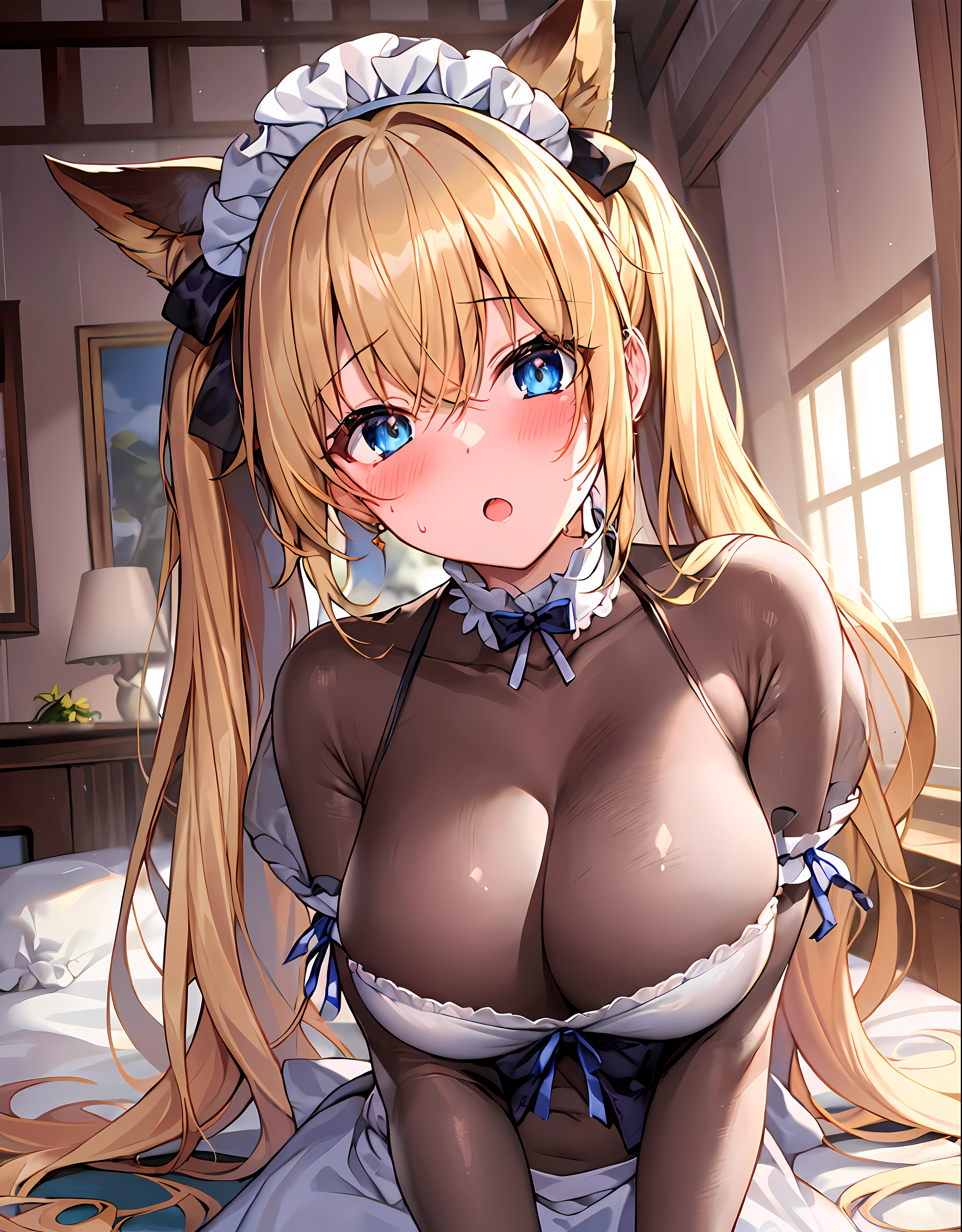 masterpiece,best quality,bed room,(very cute girl:1.4),blush,:o,Glowing and sweaty skin,(large breasts:1.3),maid headdress,maid costume,(twintails,long blonde hair:1.2) BREAK hair bow,drooping blue eyes, fuw,