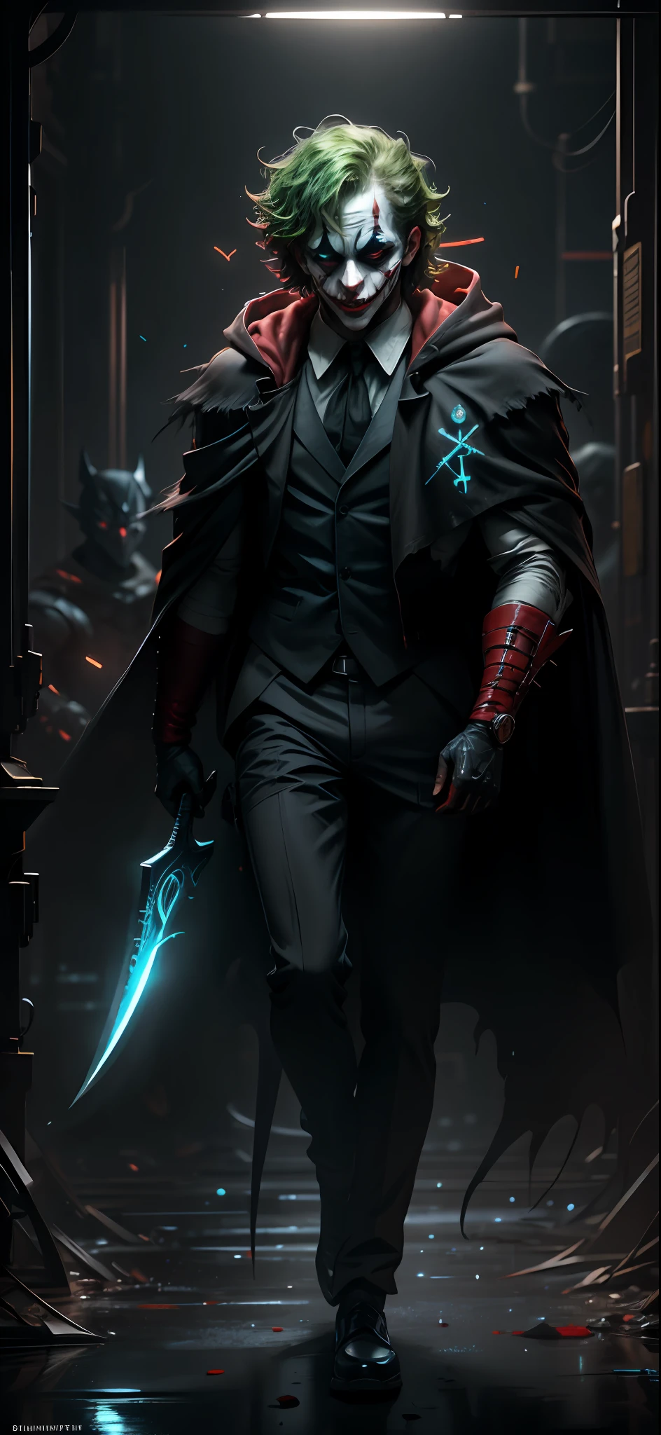 realistic,shiny,reflective,bioluminic, joker, holding bloody knife,cloak,GlowingRunes_red,fullbody,cinemnatic,dark background,backlight,high contrast,