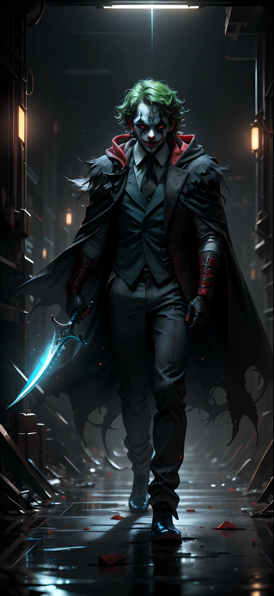 realistic,shiny,reflective,bioluminic, joker, holding bloody knife,cloak,GlowingRunes_red,fullbody,cinemnatic,dark background,backlight,high contrast,