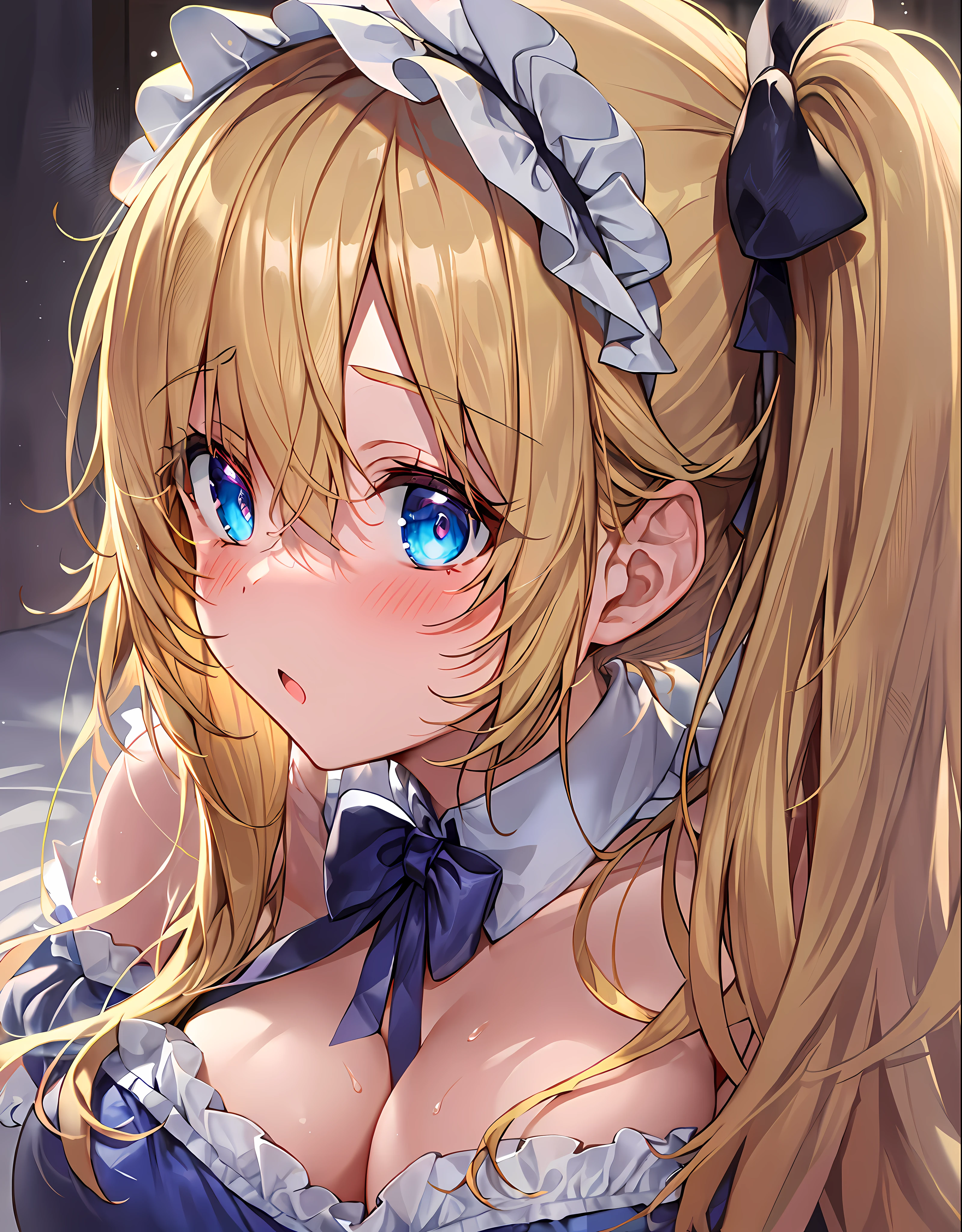 masterpiece,best quality,bed room,(very cute girl:1.4),blush,:o,Glowing and sweaty skin,(large breasts:1.3),maid headdress,maid costume,(twintails,long blonde hair:1.2) BREAK hair bow,drooping blue eyes, fuw,