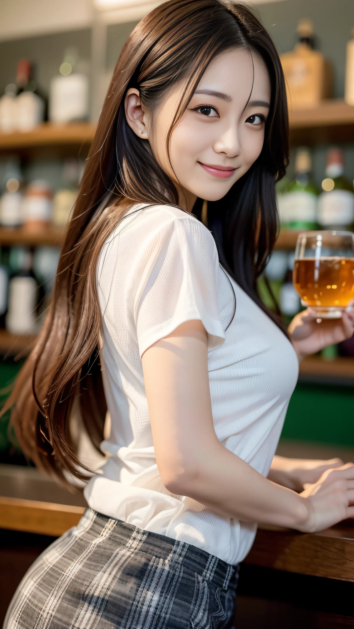 ((最高品質、8k、傑作:1.3、生の写真))、A Japanese woman in her 30s at a bar at night, wearing a large, sheer men's white shirt with rolled-up sleeves, pouring whiskey over ice. Her long black hair cascades down, and her smiling face is sexy.