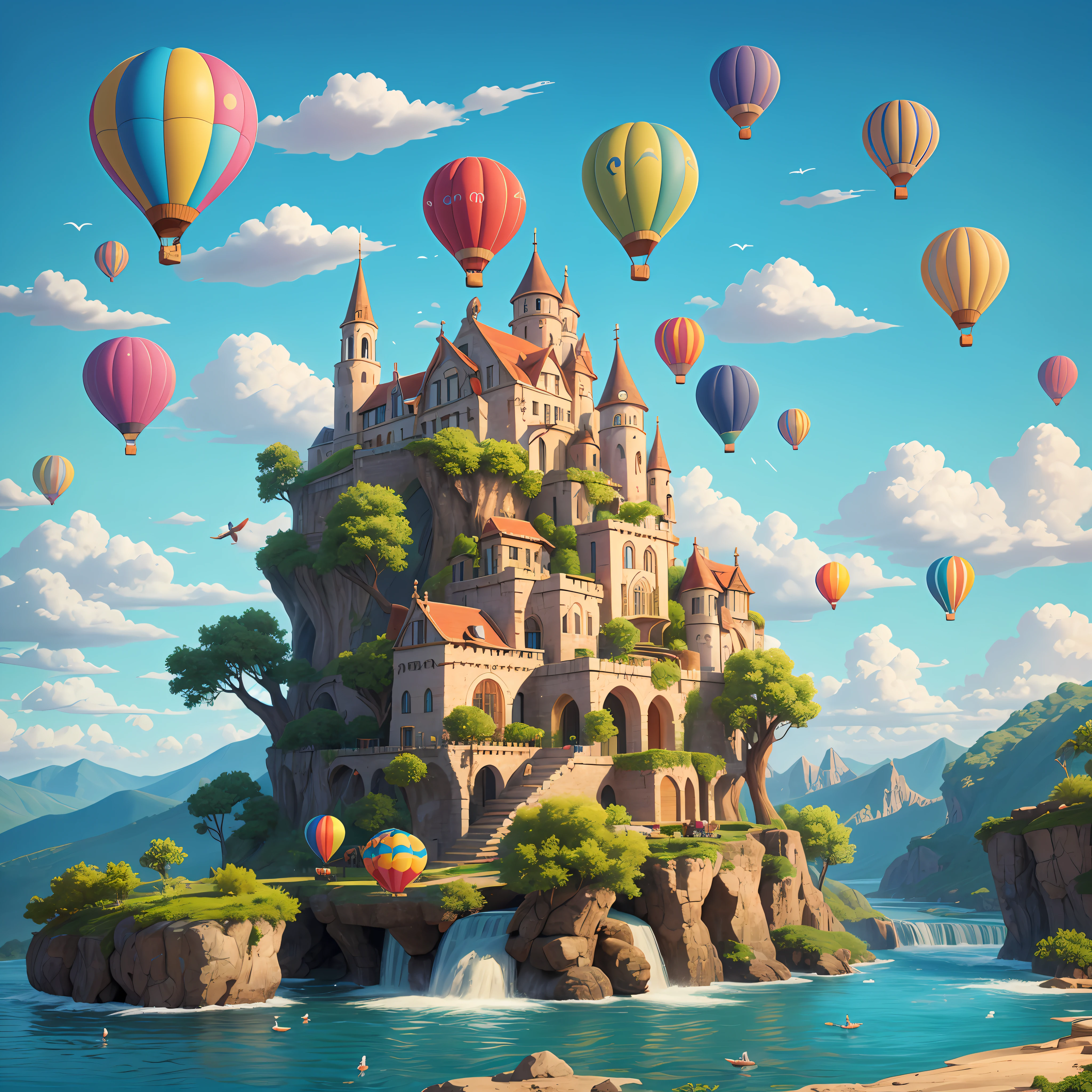 best quality,ultra-detailed,16k,masterpiece,Fantasy,sky,cloudy,beatiful city on cloud,water,waterfall,cute creatures flying across the sky,illustration,hot air balloon,colorful,bright colors,fun