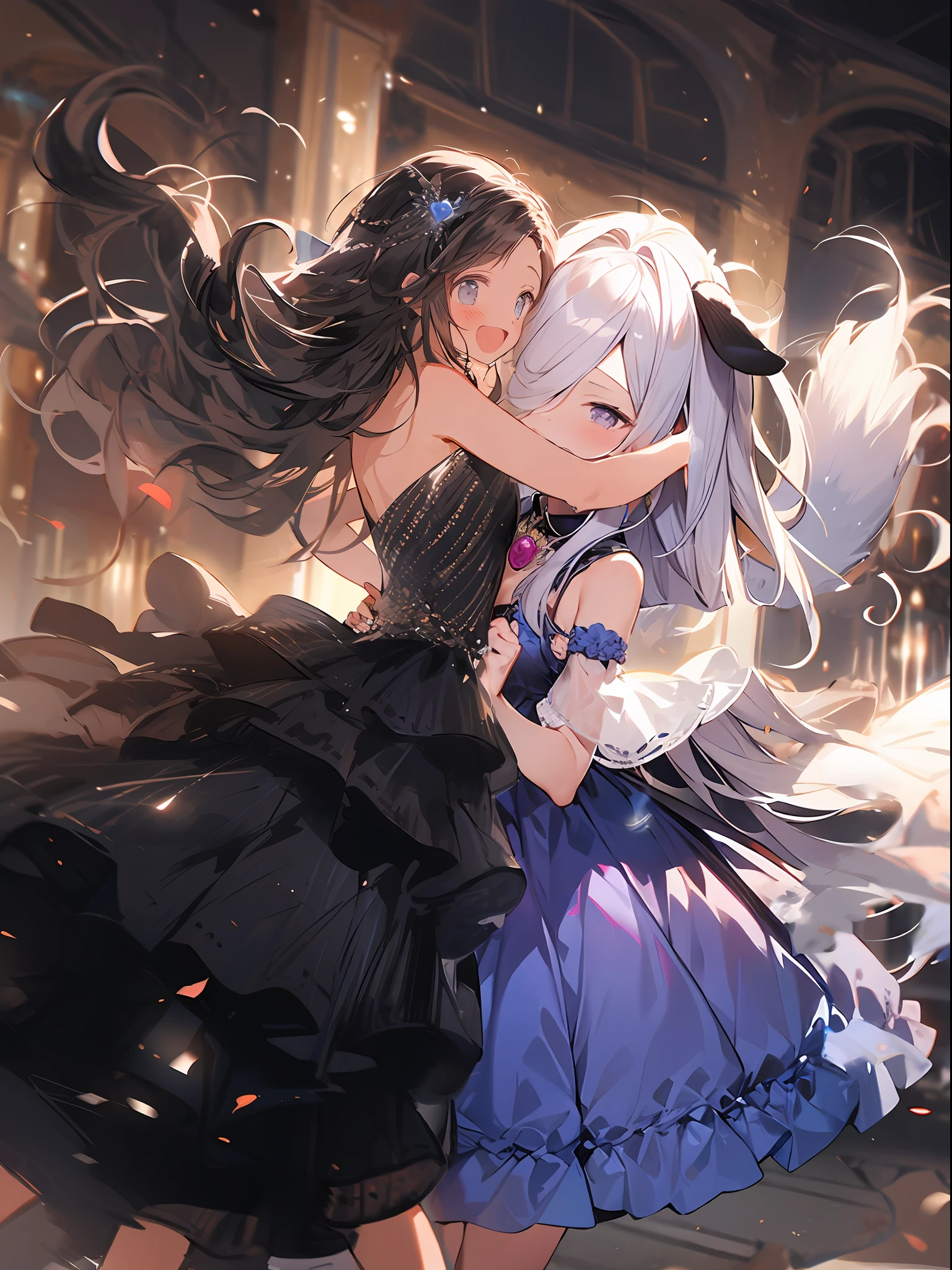 masterpiece, best quality, , {{eroge,game CG,high quality game CG},{{{1girl}}},{{masterpiece}}, {{{best quality}}}, {{ultra-detailed}}, {{illustration}},magical girl,,heart_brooch,{masterpiece), best quality, illustration, (1girl),party dress,purple dress, expressionless,,, small breasts, flat chest,, purple dress, purple hair,black eyes,bags_under_eyes, white shirt, hair over one eye, , jimiko, long hair, big hair, {{shaded face}},1girl, dirty face, {shaded face}, petite,1girl, wince,, darkness, dog ears,dog tail, collar,