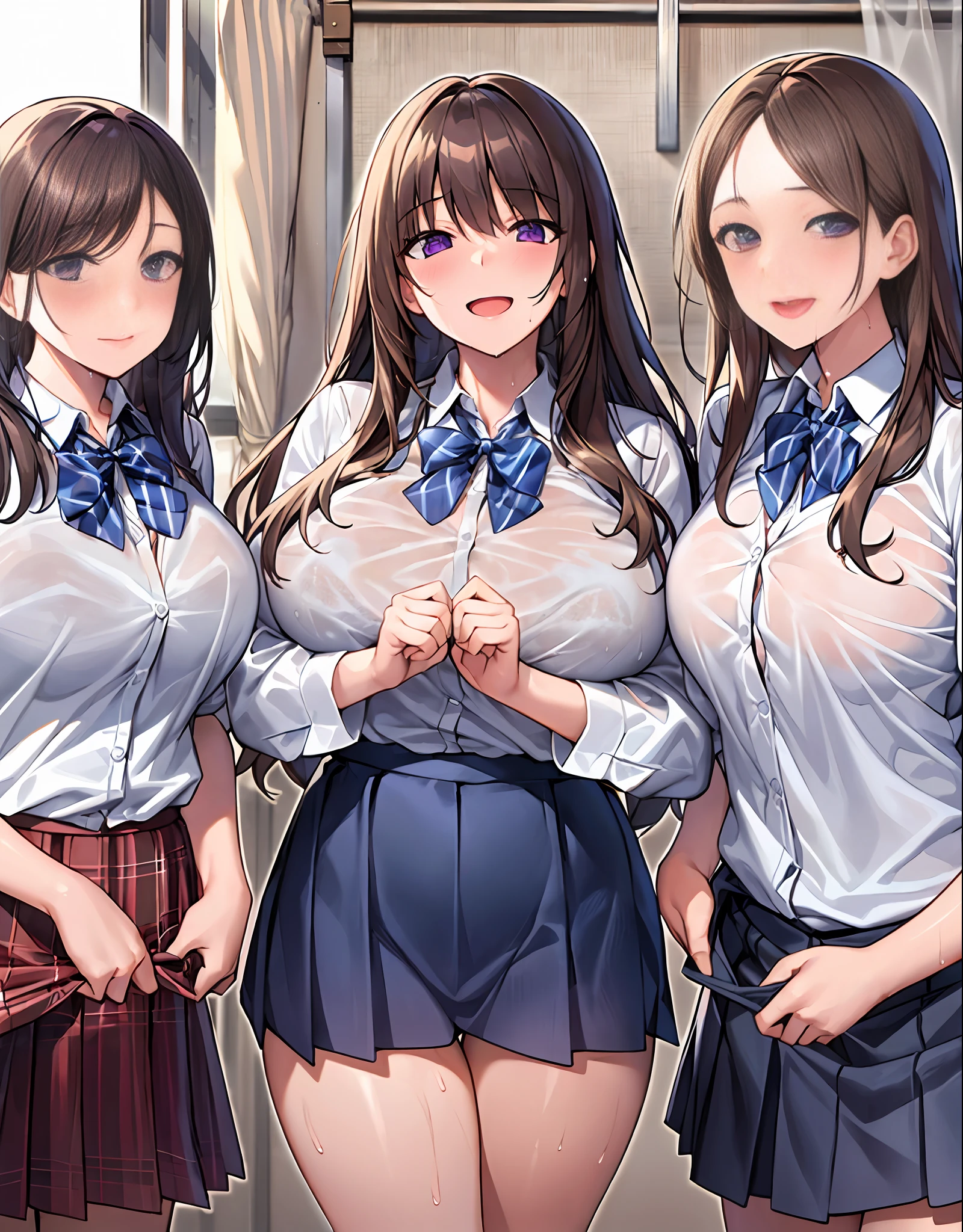 (Hi-Res), (Best Quality), (Detail), (Masterpiece), Three girls, Very Big Breasts, Huge Breasts, Saggy Breasts, Long Breasts, School Uniform, Mini Skirt, Purple Pants, Long Hair, Brown Hair, Don't Look Here, Panty Shots, Curtain, Wet and Transparent, Undressing,