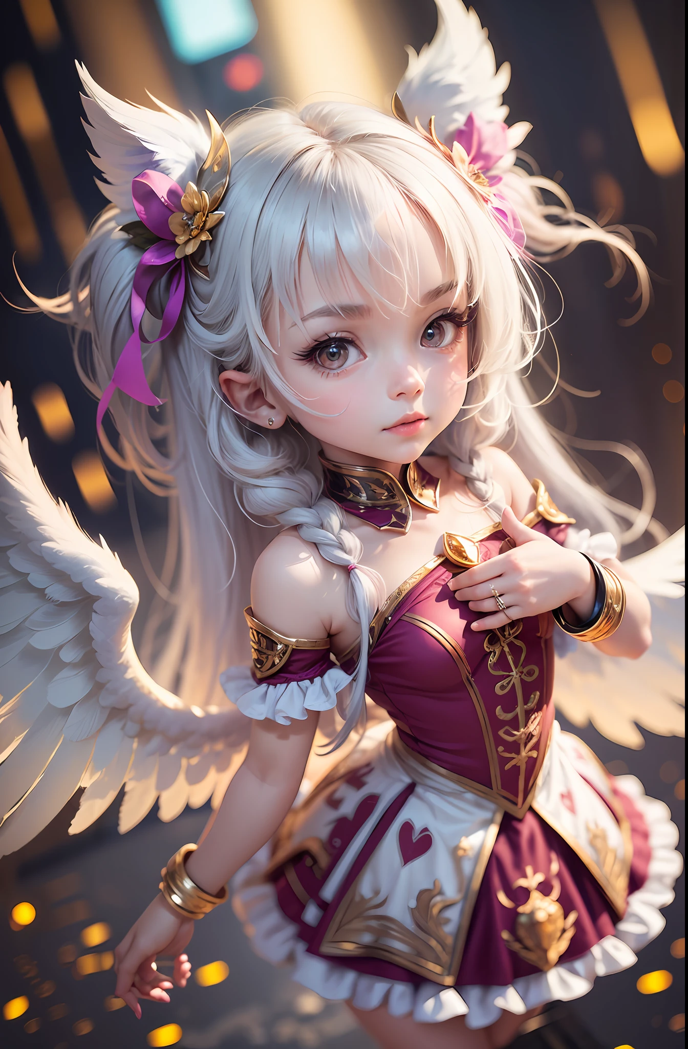 (Chibi: 1.2), (Masterpiece: 1.4), (Best Quality: 1.4), (Very Cute Angel Girl, Super Detailed Face, Jewel-like Eyes, White Very Long Hair, Colorful Gradient Hair: 1.4), (Angel Ring:
1.4), (Angel Wings: 1.4), (Full body, perfect 2 arms, perfect 2 legs: 1.4), (Perfect 4 fingers: 1 thumb), light, shine, bokeh, super fine