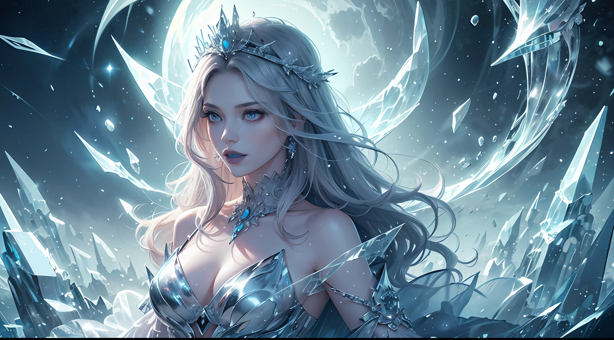 illustration, woman, avatar, blue lipstick on lips, film light, highest quality, ultra-detailed realism, detailed face, detailed eyes, best quality, ultra-detailed, work Prima, masterpiece, top quality, best, official art, beauty and aesthetics, long exposure: 1 woman with long legs thin with broad and delicate shoulders, medium breasts, charming pattern, icy witch, white, eyes covered with a veil made of ice, her body covered with ice cubes, wearing a beautiful black dress, witch, winter, ice throne, witchcraft, blue magic hue, strong glow of neon blue, queen, majesty, blizzard in the background covers the environment. Portrait on the front, full body.