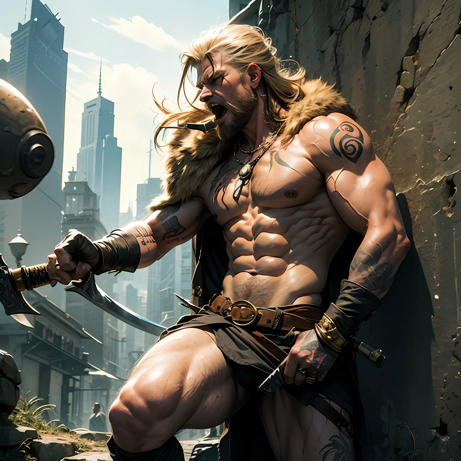 Blonde, Catapult, wild, male barbarian, fierce face, sharp muscles, tattooed face, holding weapons, roaring, climbing walls --auto