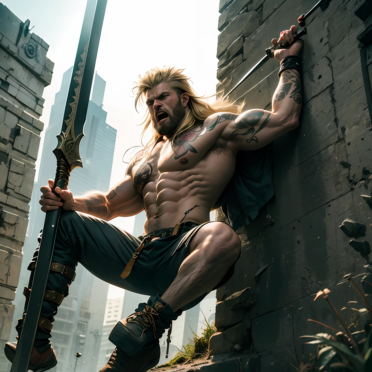 Blonde, Catapult, wild, male barbarian, fierce face, sharp muscles, tattooed face, holding weapons, roaring, climbing walls --auto