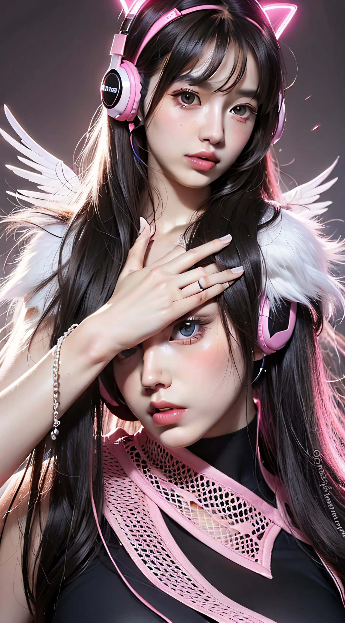 Masterpiece)), 1girl, fitted black leggings, pink crop top, pink gloves, futuristic headphones, ((angelic face)), ((incredibly beautiful eyes)), angelic face, full body, super sexy hair, delicate and perfect hands super delicate and sexy body, sexy pose, ((ulzzang)), super thin face, delicate features, ultra detailed, best quality, captivating beauty, sexy look, futuristic background, stuffed animals