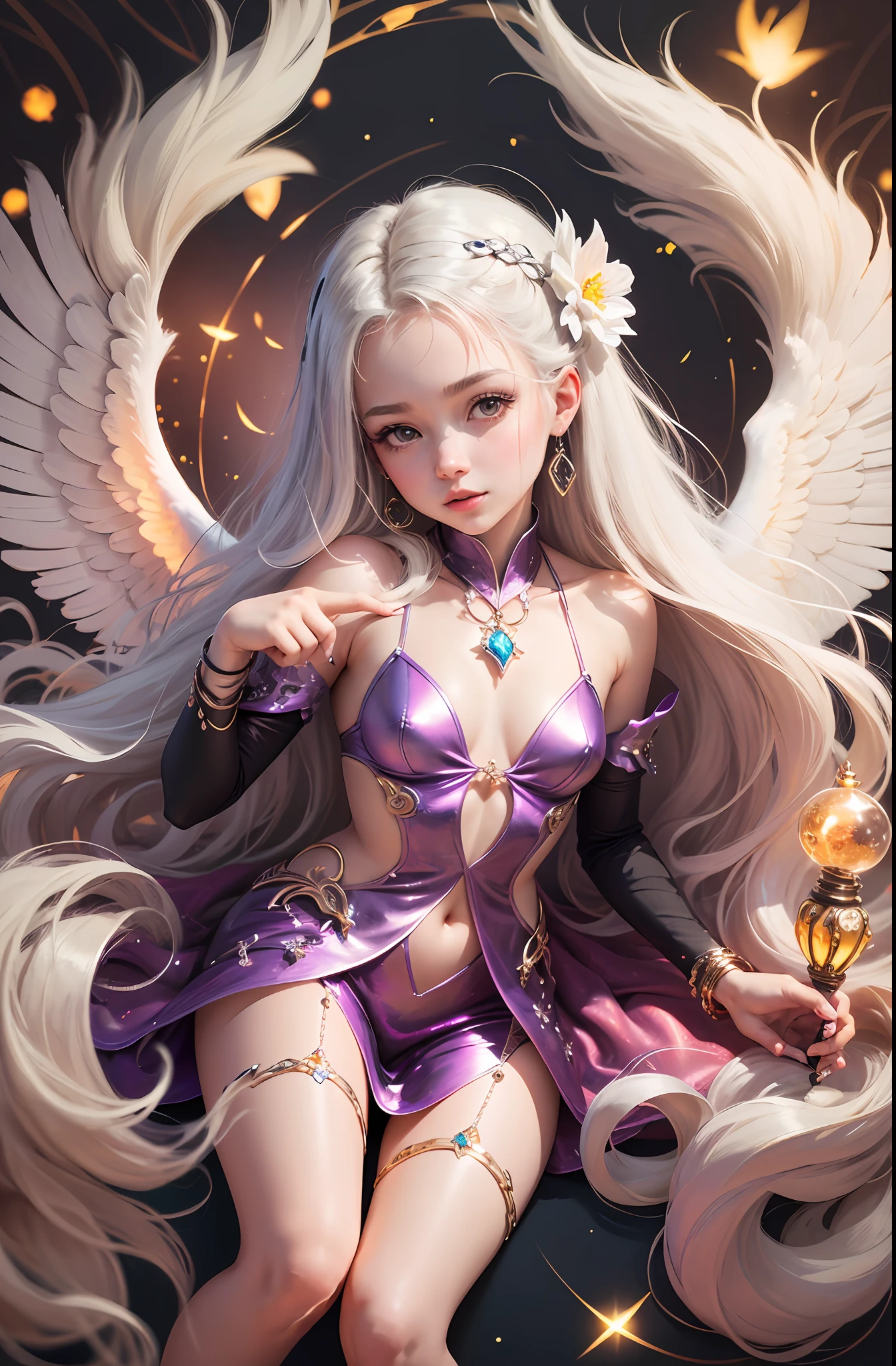 (Chibi: 1.2), (Masterpiece: 1.4), (Best Quality: 1.4), (Very Cute Angel Girl, Super Detailed Face, Jewel-like Eyes, White Very Long Hair, Colorful Gradient Hair: 1.4), (Angel Ring:
1.4), (Angel Wings: 1.4), (Full body, perfect 2 arms, perfect 2 legs: 1.4), (Perfect 4 fingers: 1 thumb), light, shine, bokeh, super fine