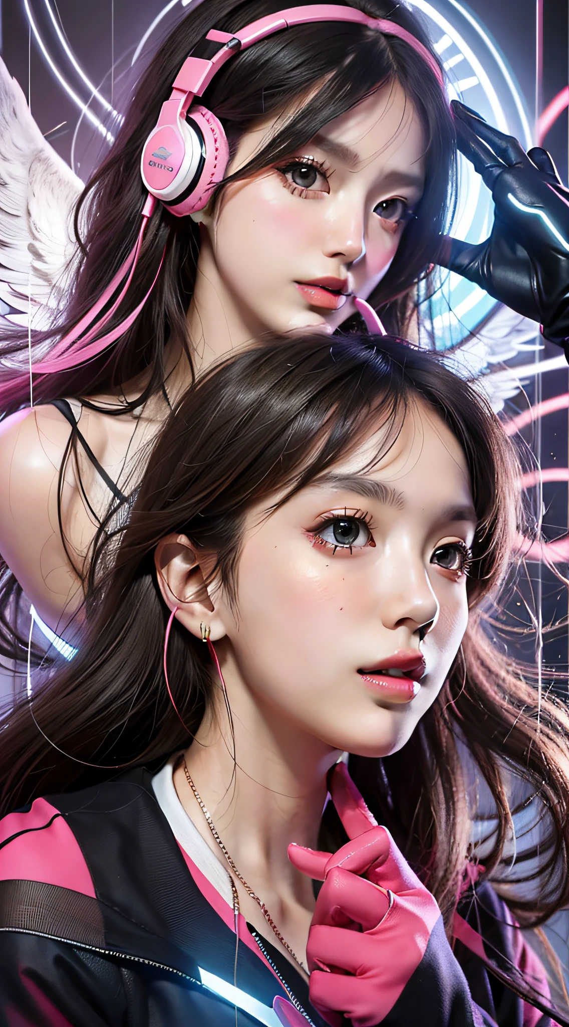 Masterpiece)), 1girl, fitted black leggings, pink crop top, pink gloves, futuristic headphones, ((angelic face)), ((incredibly beautiful eyes)), angelic face, full body, super sexy hair, delicate and perfect hands super delicate and sexy body, sexy pose, ((ulzzang)), super thin face, delicate features, ultra detailed, best quality, captivating beauty, sexy look, futuristic background, stuffed animals