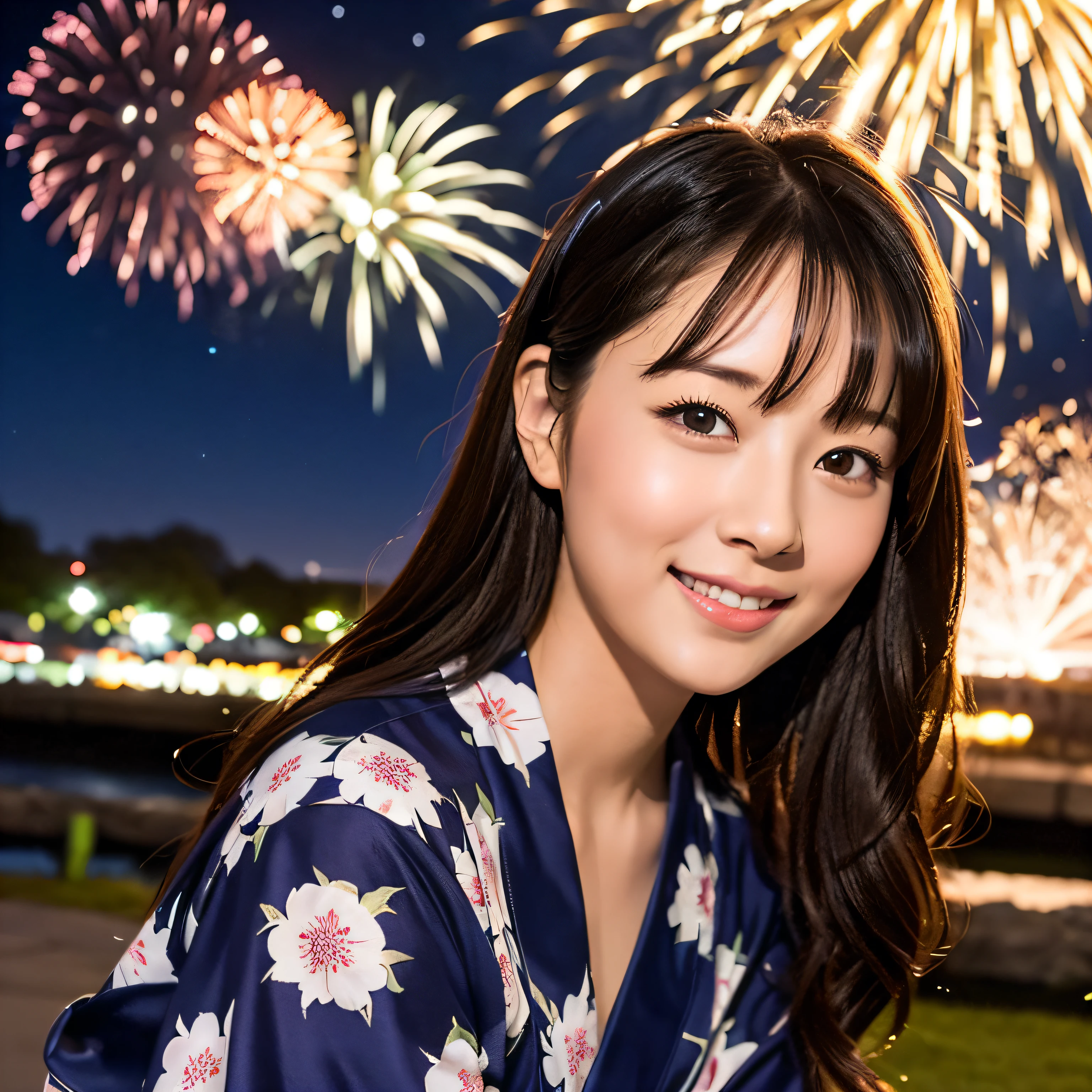 Realistic photo of cute girl, F1.2, fireworks display, yukata, starry sky --auto