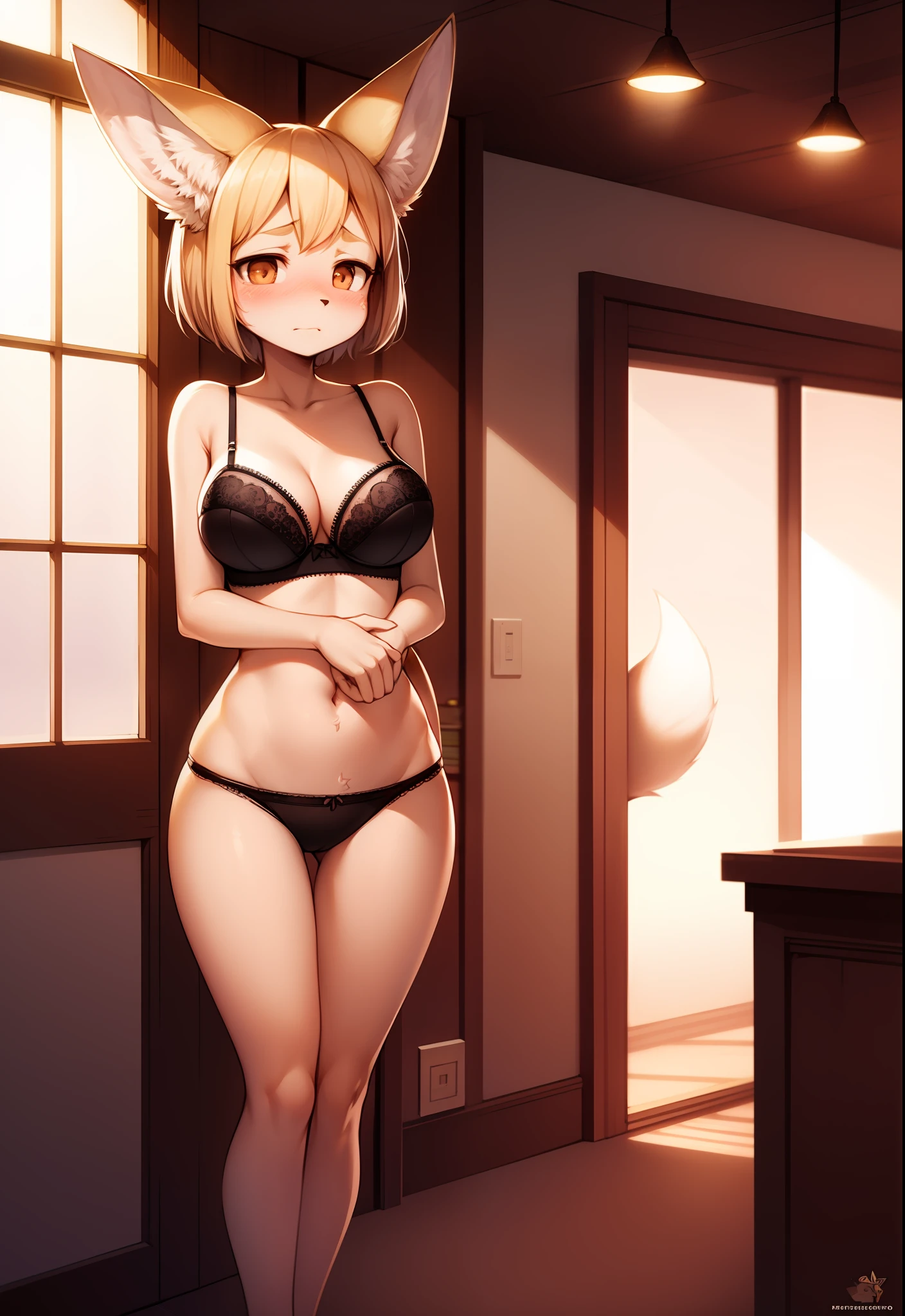 Hairy fennec, focus on face, short hair, medium breasts, beautiful lights and shadows, lacy panties and bra, embarrassed face, standing, background a room of house, cute tail in the background