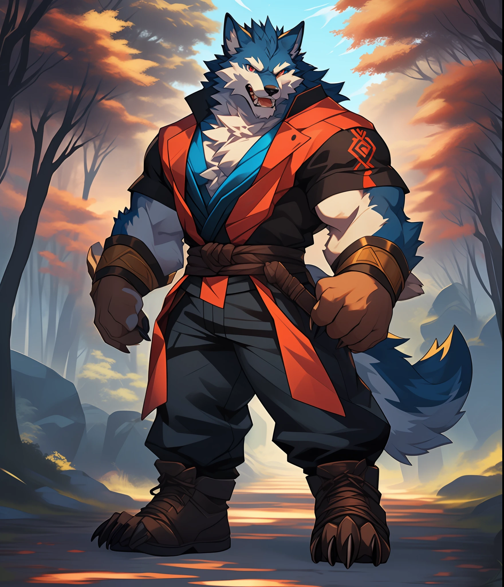 Furry muscular werewolf male wearing only pants, furry art, muscle werewolf, high resolution committee, full body committee, delicate eyes, pupil color is orange-gold, furry color black, furry anime, fluffy art council, furry fleurna, gorgeous werewolf flsona, furry, one-handed waist, furry art, expression fierce, tsundere, 1boy, a long furry wolf tail with fangs in the mouth, staring at the screen, sharp claws, two legs, standing on both feet, the human wolf, as a character in Iron Fist, Flsona art, background, forest path