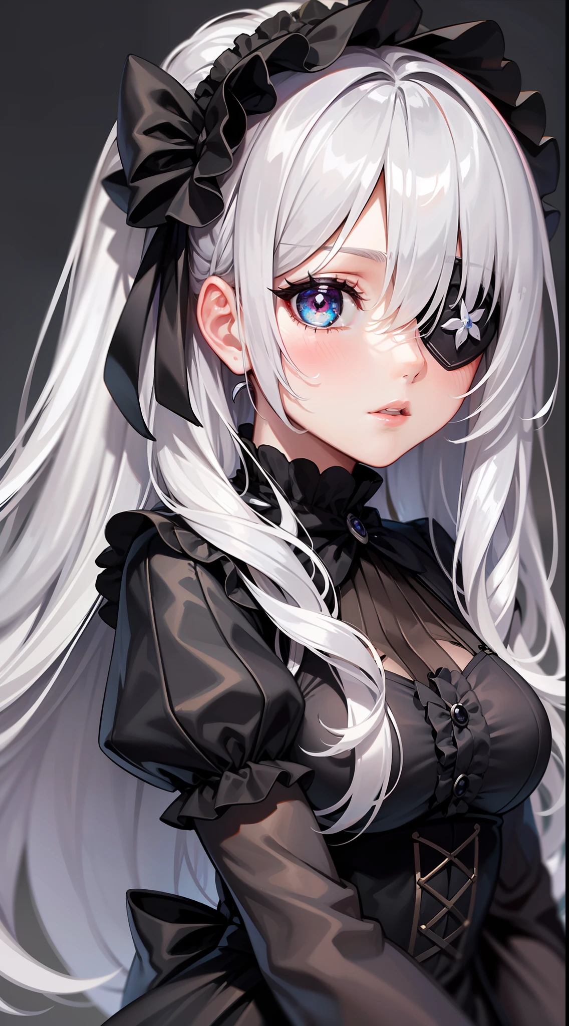 Top Quality, Ultra High Quality, 8K, Super Beautiful, 1girl, Silver Hair, Eye Patch on Left Eye, Detailed Pupil, Gothic Lolita, Goth Loli, Annui,