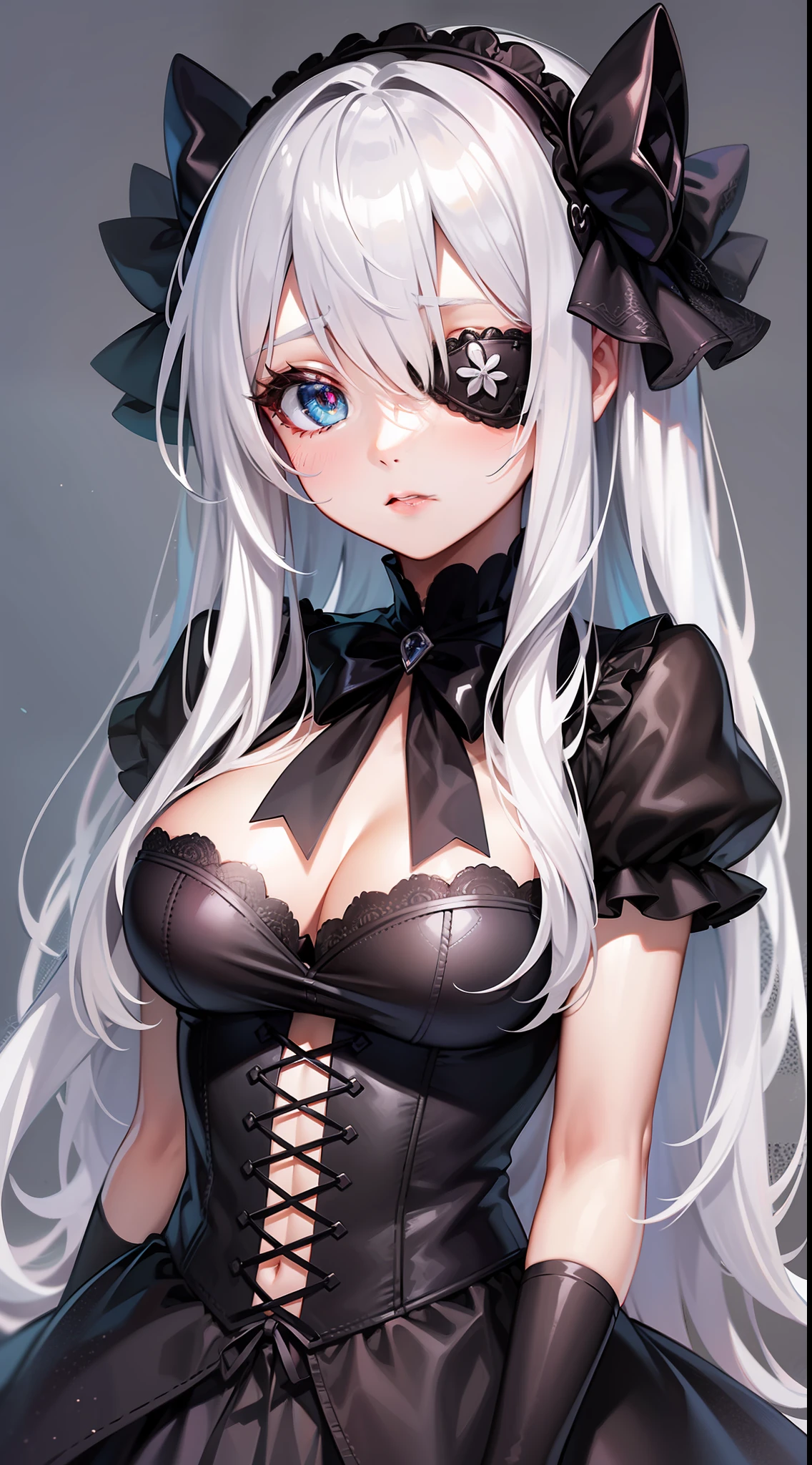 Top Quality, Ultra High Quality, 8K, Super Beautiful, 1girl, Silver Hair, Eye Patch on Left Eye, Detailed Pupil, Gothic Lolita, Goth Loli, Annui,