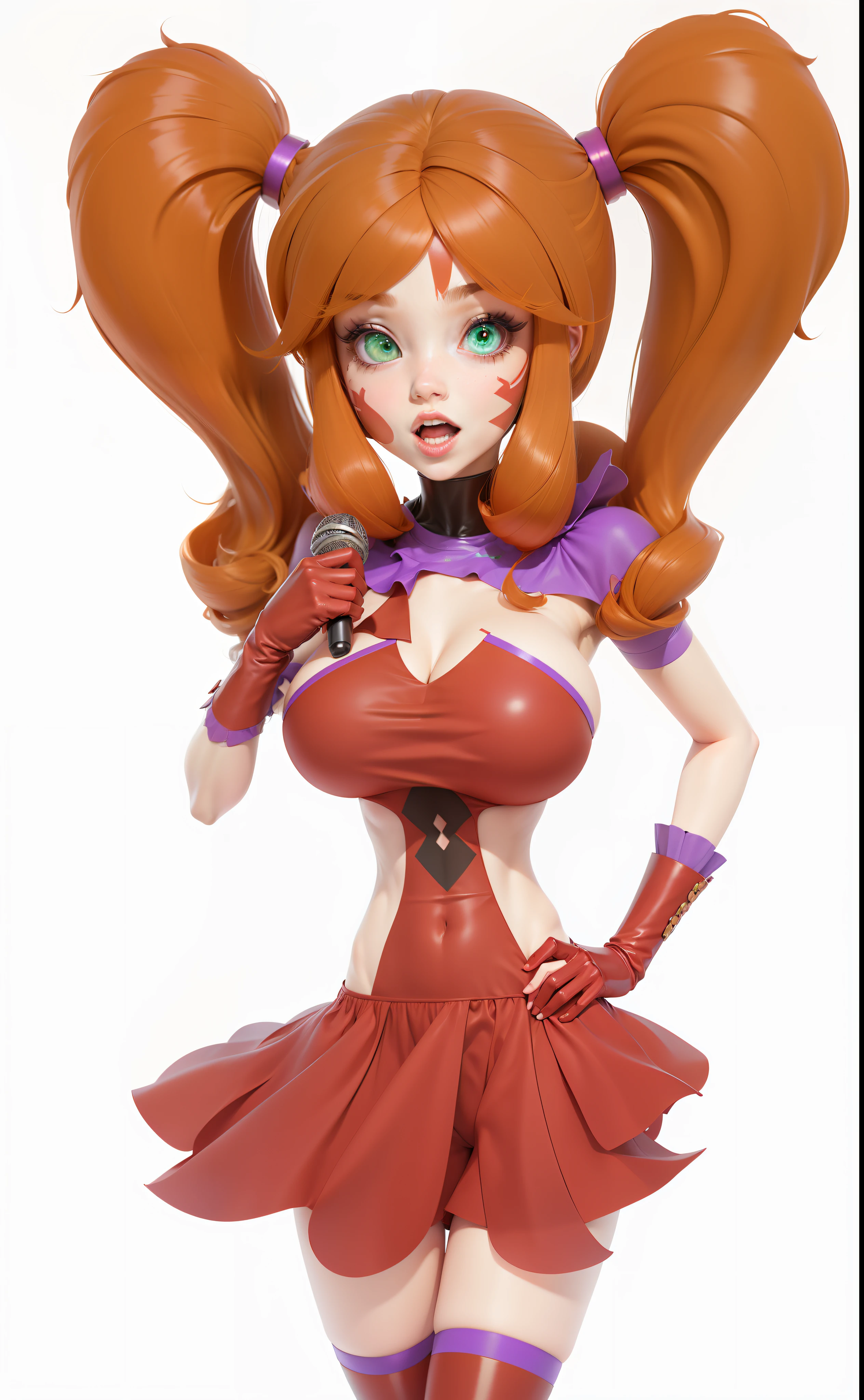 Beautiful clownness, red hair, hairstyle ponytails, huge sexy lush breasts, beautiful waist, cute face, green eyes, correct facial features, holds a microphone in her hand, 3D rendering, hyper-detailing, hyperrealism