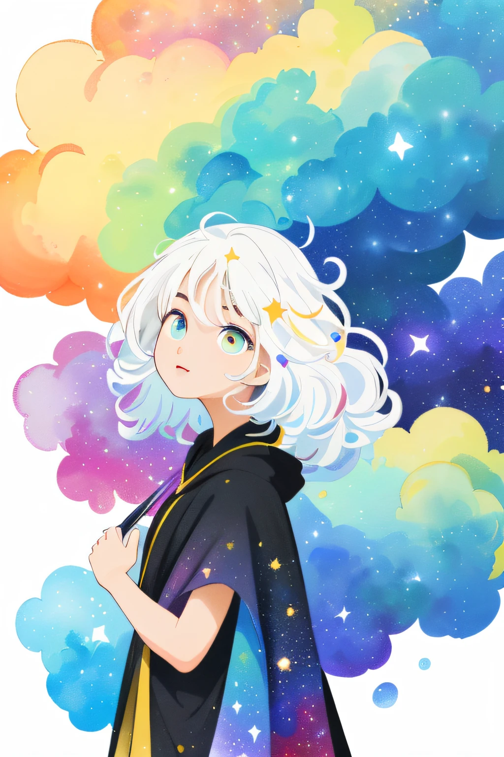 ((masterpiece)), (((best quality))), ((ultra-detailed)), ((illustration)),[realism light effect],shadow,(Fantasy style),(white background:1.6), simple background, (earth theme),(a cloak)[(hair focus,((1girl)),[(big slime hair): (cloud hair):0.3], (hair on background),(high saturation),(hair surrounded by galaxy splashes),)):((her hair is becoming galaxy clouds,:1.27628), (hair and clothes is galaxy clouds and cluster of stars:1.1025),(a cloak is becoming galaxy clouds)(colorful_galaxy_print_clusters_of_stars_print:1.35),((detailed starry sky with colorful galaxy and galaxy clouds):1.2)):0.35], (((masterpiece))),(((best quality))),((ultra-detailed)),(illustration),(dynamic angle),((floating)),(paint),((disheveled hair)),((beautiful detailed face)),collar,bare shoulders, ((colorful hair)),((streaked hair)),beautiful detailed eyes,(Gradient color eyes),(((colorful eyes))),(((colorful background))),(((high saturation))),(((surrounded by colorful splashes))),(((surrounded by colorful dot))),colorful bubble,((shining)),