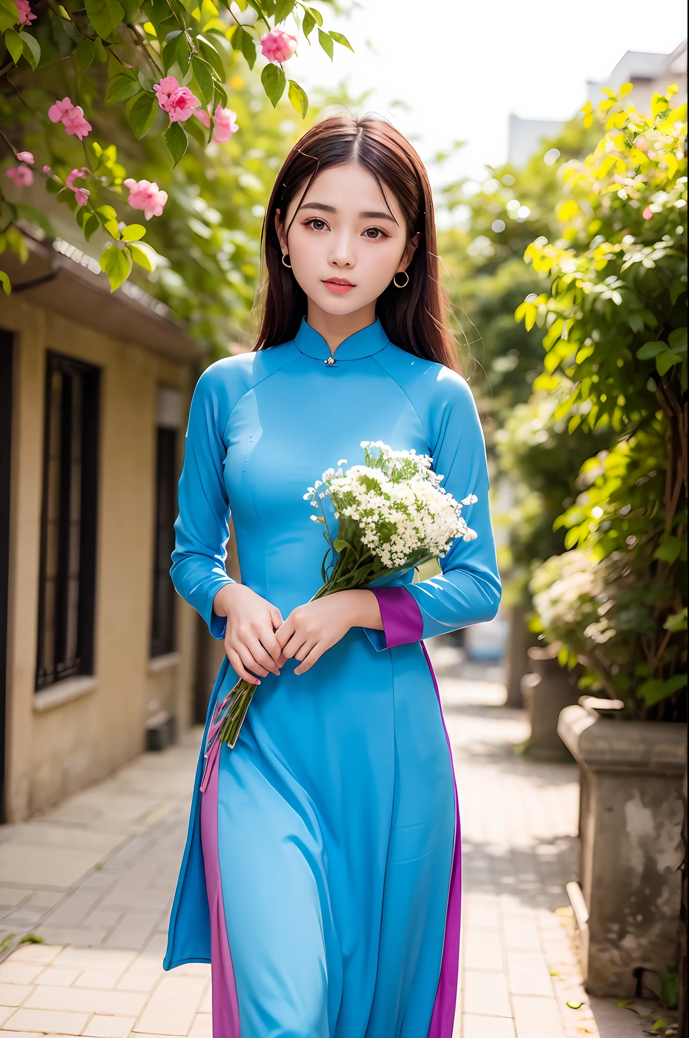 a beautiful girl in vintage colors aodai , masterpiece, best quality, realistic:1.3, street, holding bundle of adubon flowers, sunlight, backlighting