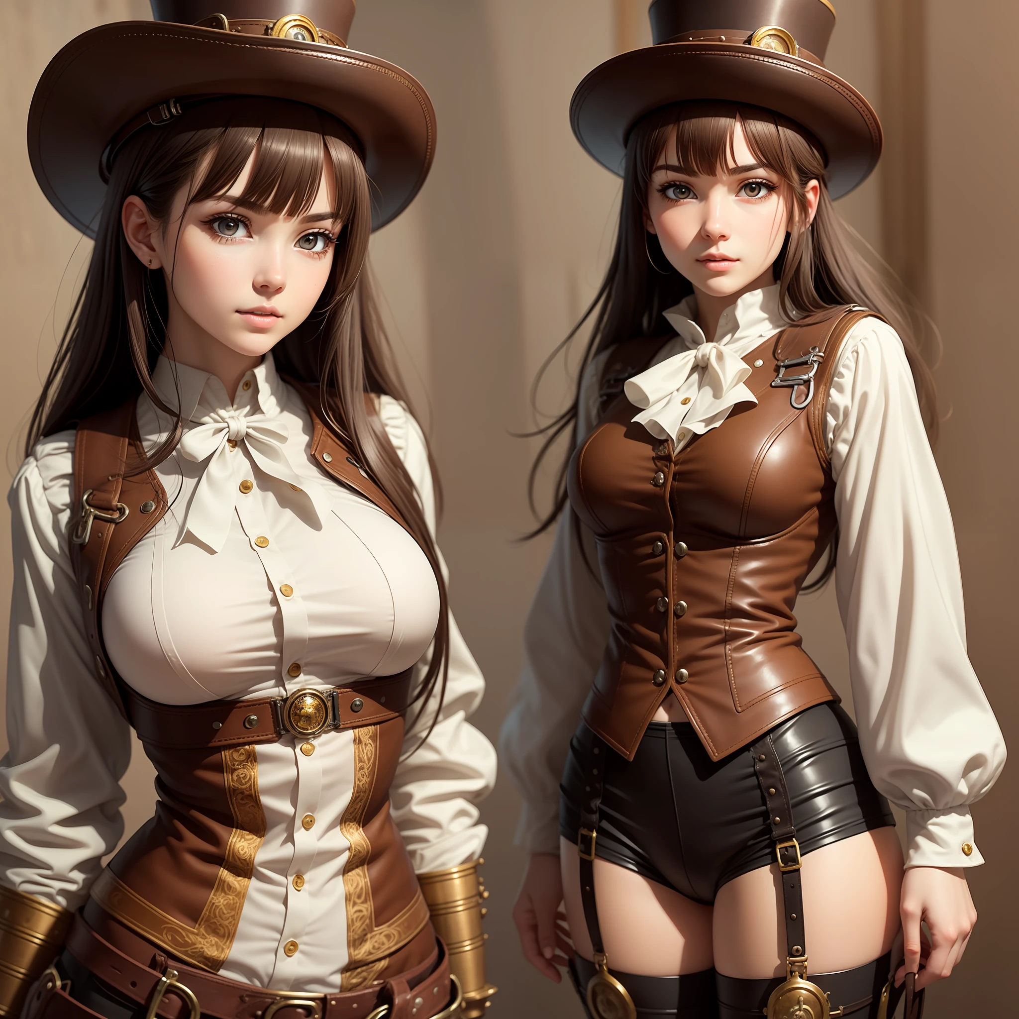 steampunk, very detailed beautiful girl, very detailed face, very detailed eyes, very detailed skin, very detailed fingers, very detailed nose, very detailed detailed mouth, perfect anatomy, detailed background, detailed clothes, one girl, (20:1.2), 20s, cute girl, realistic body, petite, white skin, radiant skin, slim body, handsome body, slightly brownish black hair, Long straight hair, (dull bangs: 1.2), cute, youthful, pretty face, realistic face, delicate eyes, sagging eyes, top hat, antique pilot goggles, leather vest, white blouse, leather pants, garter belt, camera gaze, cowboy shot, front-facing, standing posture, contrappost, dynamic lighting, small pretty breasts, Cowboy Shots