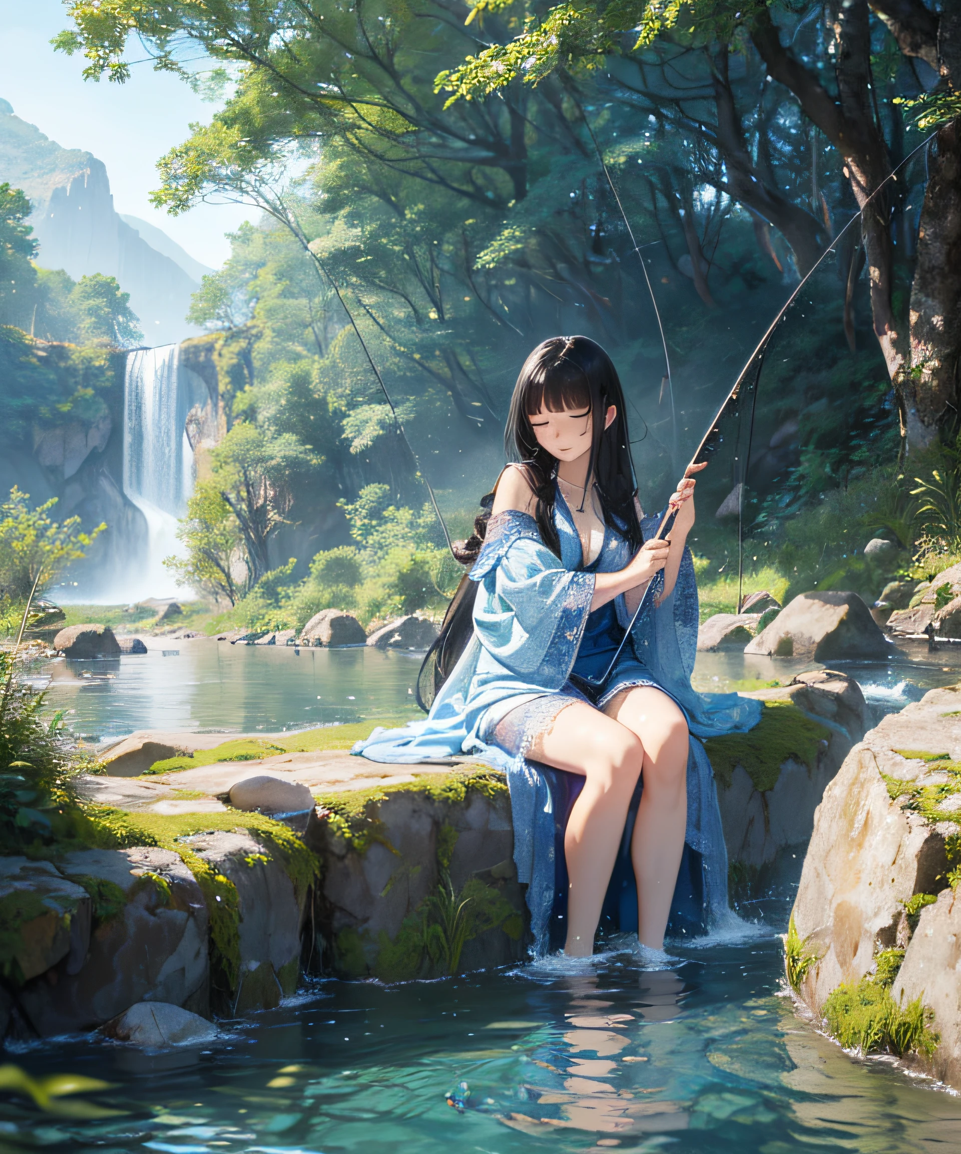 Masterpiece, atmosphere, Chinese style, (mountain water with several waterfalls visible in the distance), ((((A maiden in a thin blue lace-like robe is sitting on a large rock, holding a fishing rod and hanging a fishing line)))), (((Extremely long black hair flutters in the wind in the air))), ((Fish bouncing on the river surface))), (I see fish swimming on the surface of the river), 18 years old, (((sleepy expression)), deep in the mountains and overgrown with trees, skin gloss, hair gloss