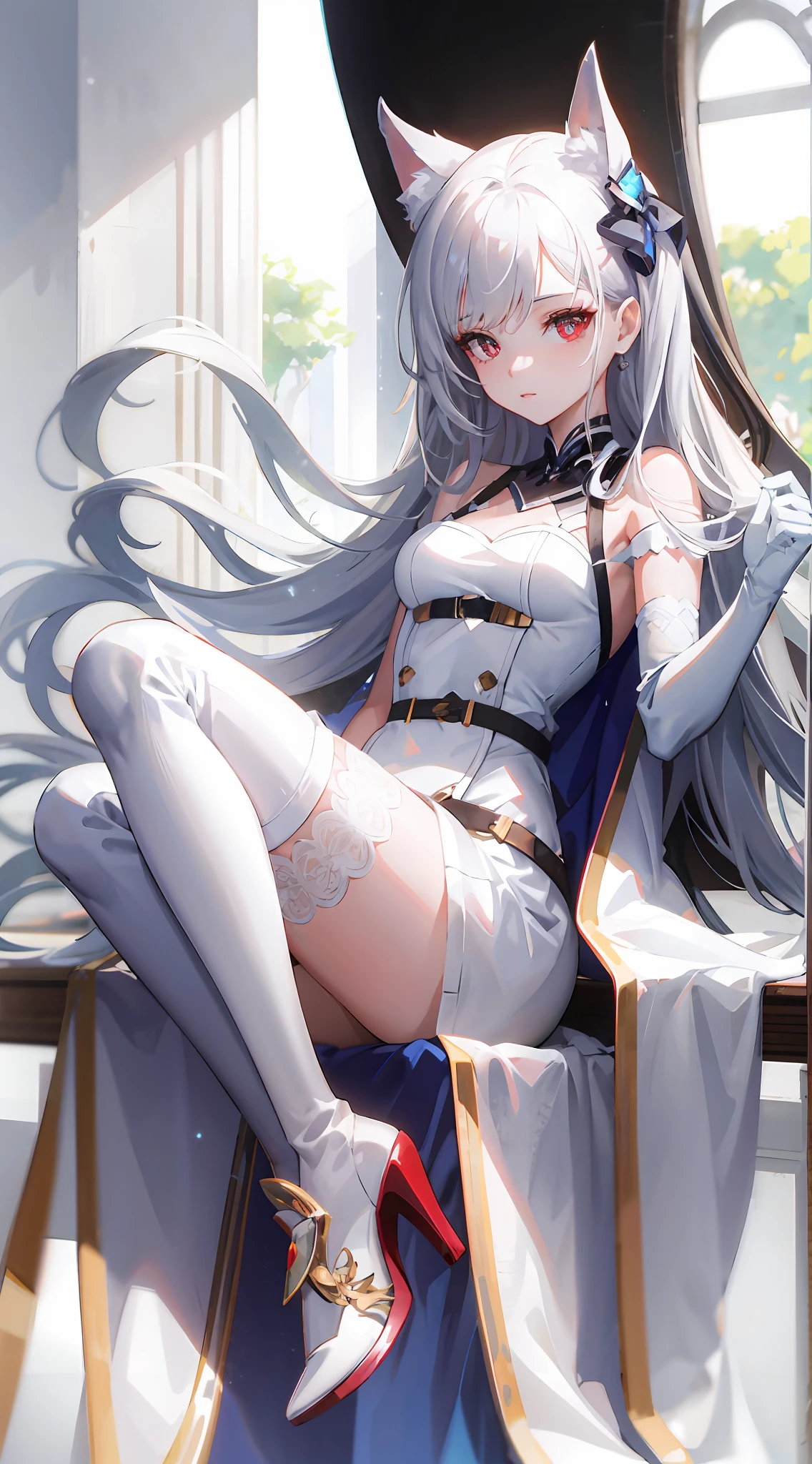 White long hair, red pupils, white suspender thigh boots, white long gloves, white elbow long gloves, white high heeled thigh boots, white thigh boots, belt, leg loops, (bundled), bondage, white dress, anime girl sitting on chair with long white hair, legs crossed, white hair god, seductive anime girl, perfect white hair girl, white hair, Guweiz on Pixiv art station, Azur Lane style, girl with white hair, ArtStation Guweiz on Pixiv, fine detail. Girl Front, beautiful and seductive anime woman, smooth anime CG art