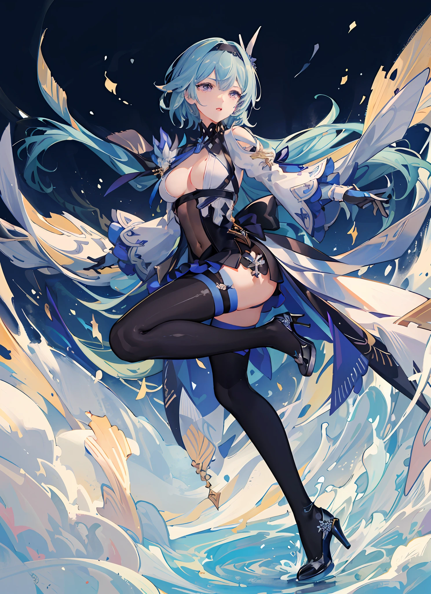 NSFW, (Masterpiece, Best Quality:1.2), Absurd, (Traditional Media:1.2), (2D:1.2), (Center:1.3), Illustration, skirt_tail, Highly Detailed, (Ultra Detailed), High Heels, (Solo), Beautiful, (Detailed Eyes, Detailed Face:1.2), Beautiful, Lips, Shiny, Dynamic Pose, Various Colors, Depth of Field, Purple Eyes, Noble Temperament, White Tights,