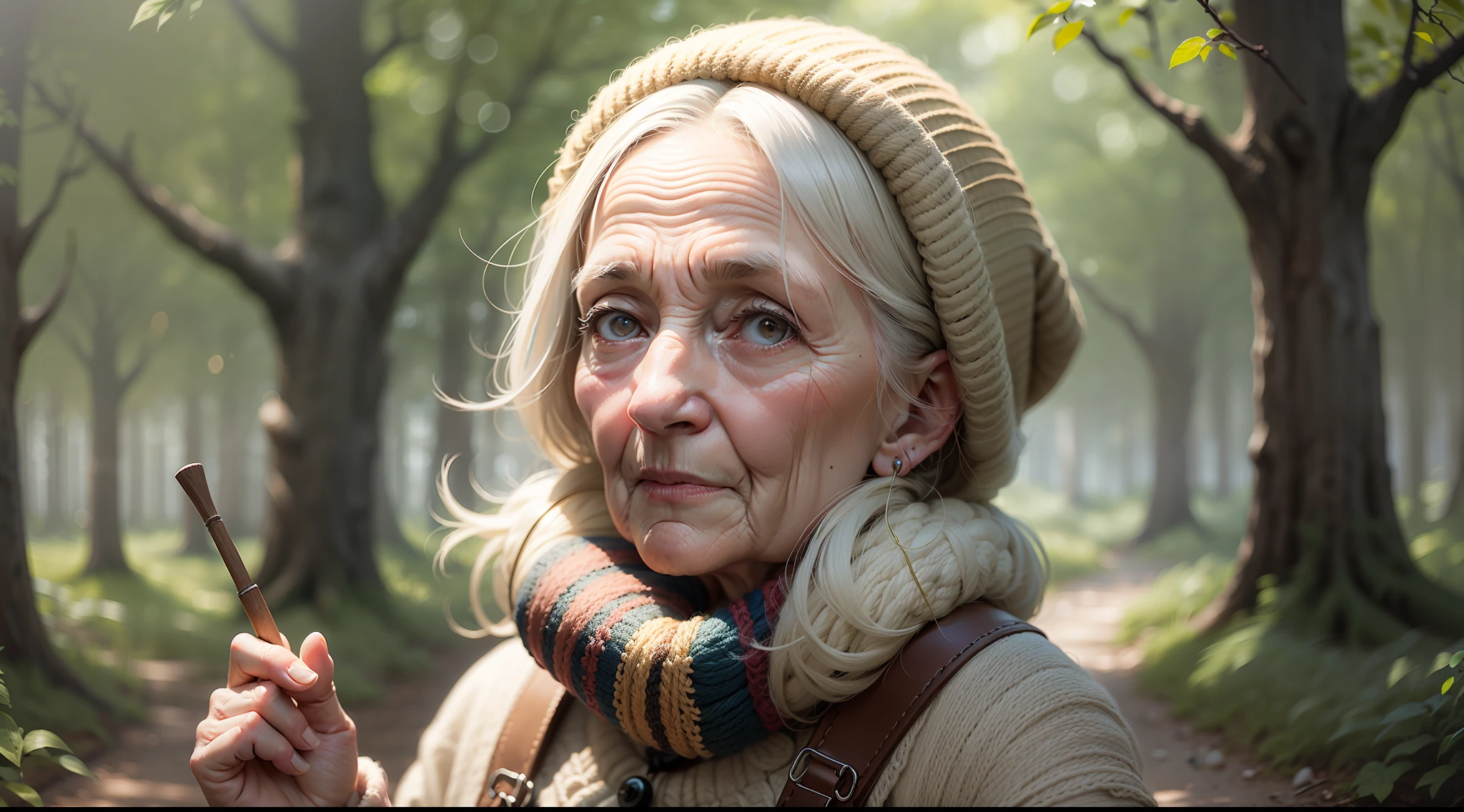 Ball of wool yarn in the hand of an old woman in the forest