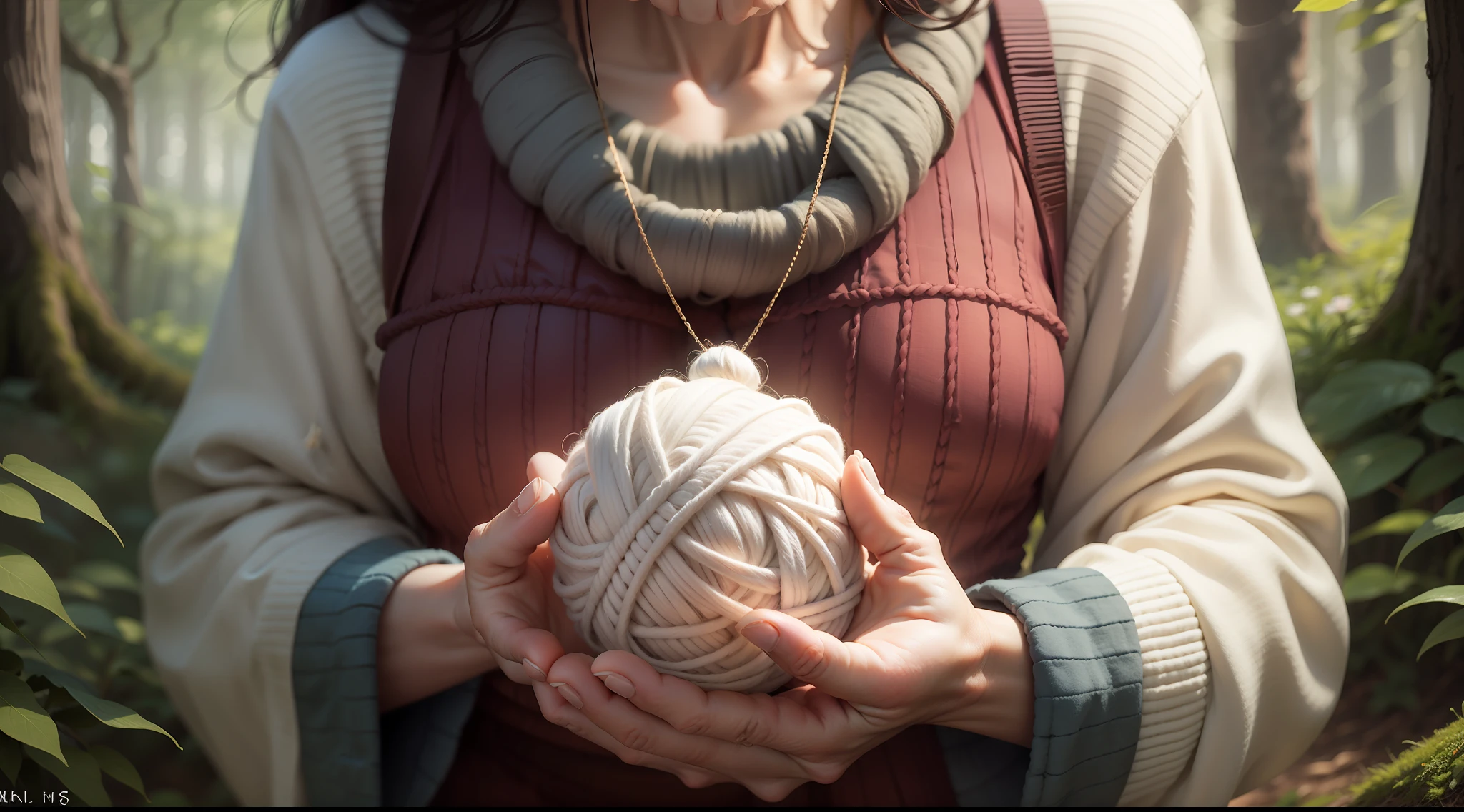 Ball of wool yarn in the hand of an old woman in the forest