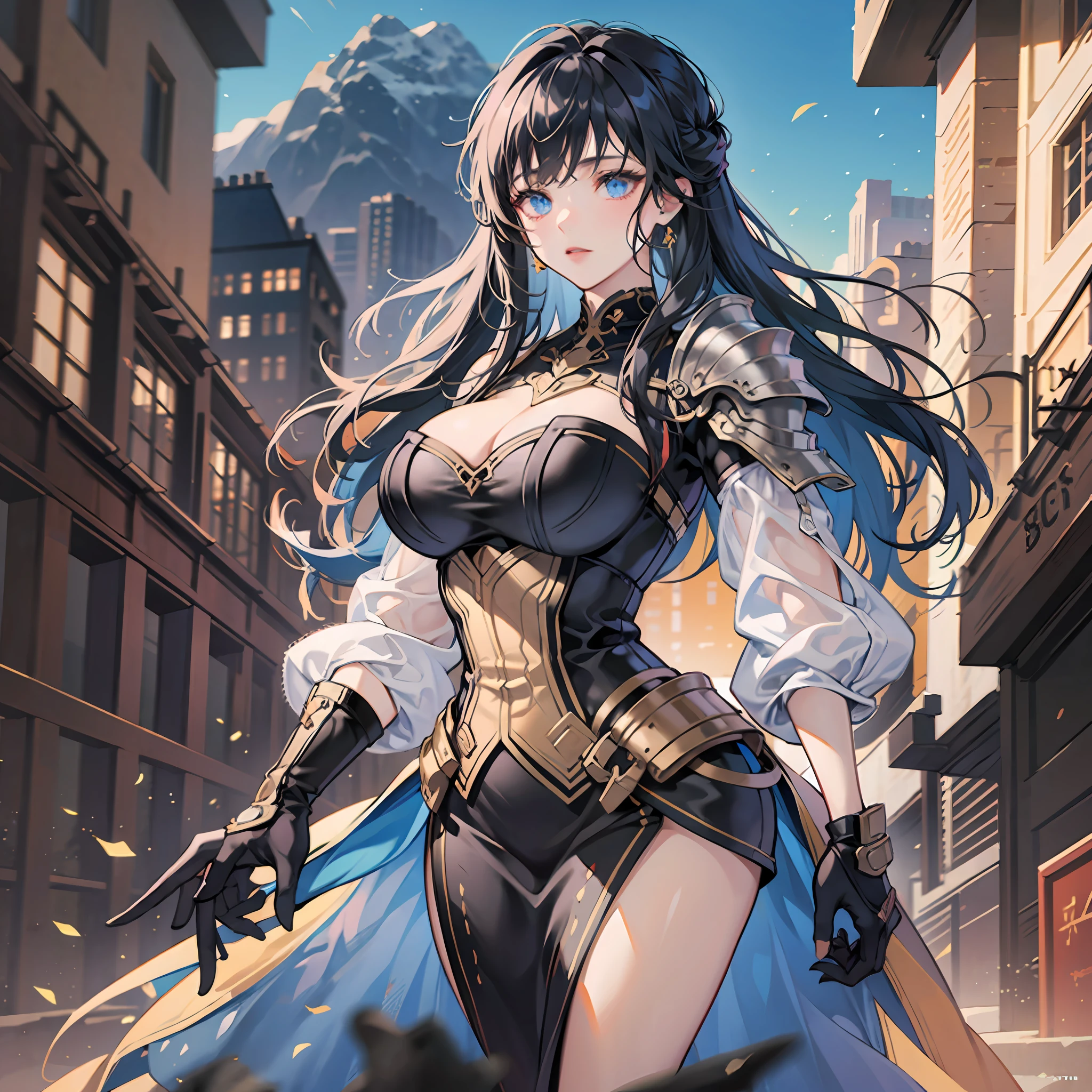 Anime girl, wearing a mechanised armour,black and blue mechanical dress, holding a dagger,dark blue eyes, extremely detailed eyes,Amazing, finely detail, masterpiece,best quality,official art, extremely detailed CG unity 8k wallpaper,octane render, 8k, best quality, masterpiece, illustration, an extremely delicate and beautiful, extremely detailed ,CG ,unity ,wallpaper,highest quality digital art, Stunning art, wallpaper 4k,8k,64k, HD, unparalleled masterpiece, dynamic lighting, cinematic, epic