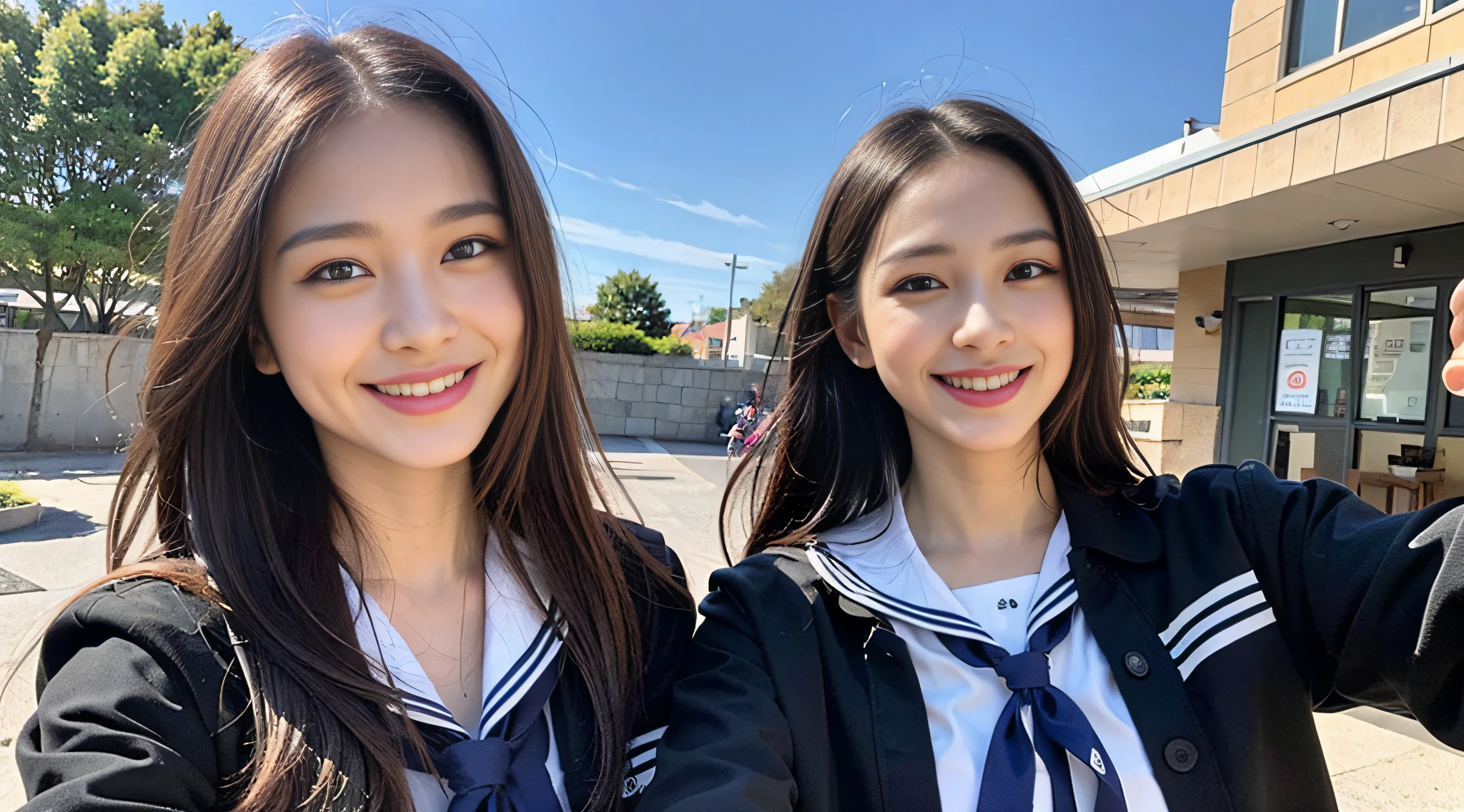 (8k, RAW photo, top quality, masterpiece: 1.2), super detail, super resolution, (realistic, real photo: 1.37), (photorealistic: 1.6), sweating profusely, (sweaty woman), sweating, fantastic landscape, modern school uniform, fashionable sailor suit, school rooftop, lunch break, fashionable school, futuristic city, school of the future, future, futuristic world, fantastic world, New world, high resolution RAW color photos, professional photos, very detailed and beautiful, (pointing at the camera), real lights (with hands spread wide and palms facing us), smile that you can see teeth, beautiful scenery mixed with light, highly detailed sailor suit, amazingly cute female proofreading, amazing cute smile, transcendent cute face, amazing details, red scarf, Very detailed beautiful girls, different pattern faces, one is ponytail, modern cute schoolgirl, very detailed face, very detailed eyes, very realistic skin, very detailed fingers, very detailed nose, very detailed mouth, perfect anatomy, very detailed sailor suit, very detailed background,after school,. full of smiles, long straight hair, (dull bangs: 1.2), Celebrity level cuteness, high school girl youth (pink eye shadow)