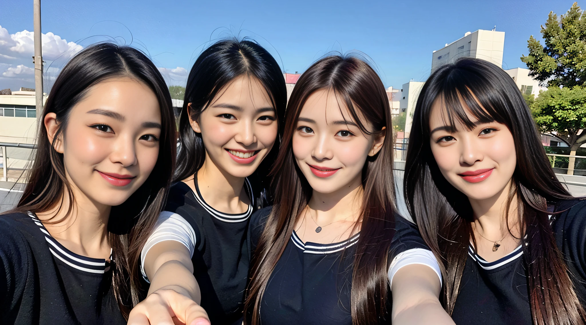 (8k, RAW photo, top quality, masterpiece: 1.2), super detail, super resolution, (realistic, real photo: 1.37), (photorealistic: 1.6), sweating profusely, (sweaty woman), sweating, fantastic landscape, modern school uniform, fashionable sailor suit, school rooftop, lunch break, fashionable school, futuristic city, school of the future, future, futuristic world, fantastic world, New world, high resolution RAW color photos, professional photos, very detailed and beautiful, (pointing at the camera), real lights (with hands spread wide and palms facing us), smile that you can see teeth, beautiful scenery mixed with light, highly detailed sailor suit, amazingly cute female proofreading, amazing cute smile, transcendent cute face, amazing details, red scarf, Very detailed beautiful girls, different pattern faces, one is ponytail, modern cute schoolgirl, very detailed face, very detailed eyes, very realistic skin, very detailed fingers, very detailed nose, very detailed mouth, perfect anatomy, very detailed sailor suit, very detailed background,after school,. full of smiles, long straight hair, (dull bangs: 1.2), Celebrity level cuteness, high school girl youth (pink eye shadow)