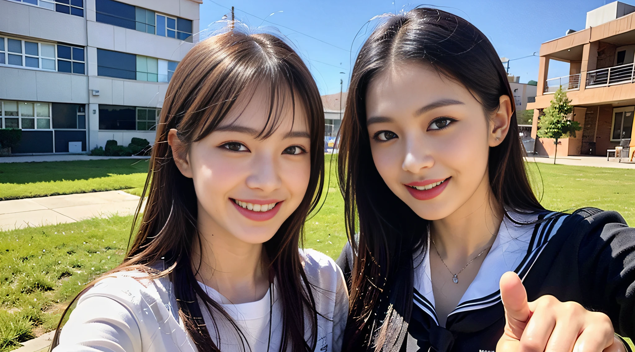 (8k, RAW photo, top quality, masterpiece: 1.2), super detail, super resolution, (realistic, real photo: 1.37), (photorealistic: 1.6), sweating profusely, (sweaty woman), sweating, fantastic landscape, modern school uniform, fashionable sailor suit, school rooftop, lunch break, fashionable school, futuristic city, school of the future, future, futuristic world, fantastic world, New world, high resolution RAW color photos, professional photos, very detailed and beautiful, (pointing at the camera), real lights (with hands spread wide and palms facing us), smile that you can see teeth, beautiful scenery mixed with light, highly detailed sailor suit, amazingly cute female proofreading, amazing cute smile, transcendent cute face, amazing details, red scarf, Very detailed beautiful girls, different pattern faces, one is ponytail, modern cute schoolgirl, very detailed face, very detailed eyes, very realistic skin, very detailed fingers, very detailed nose, very detailed mouth, perfect anatomy, very detailed sailor suit, very detailed background,after school,. full of smiles, long straight hair, (dull bangs: 1.2), Celebrity level cuteness, high school girl youth (pink eye shadow)