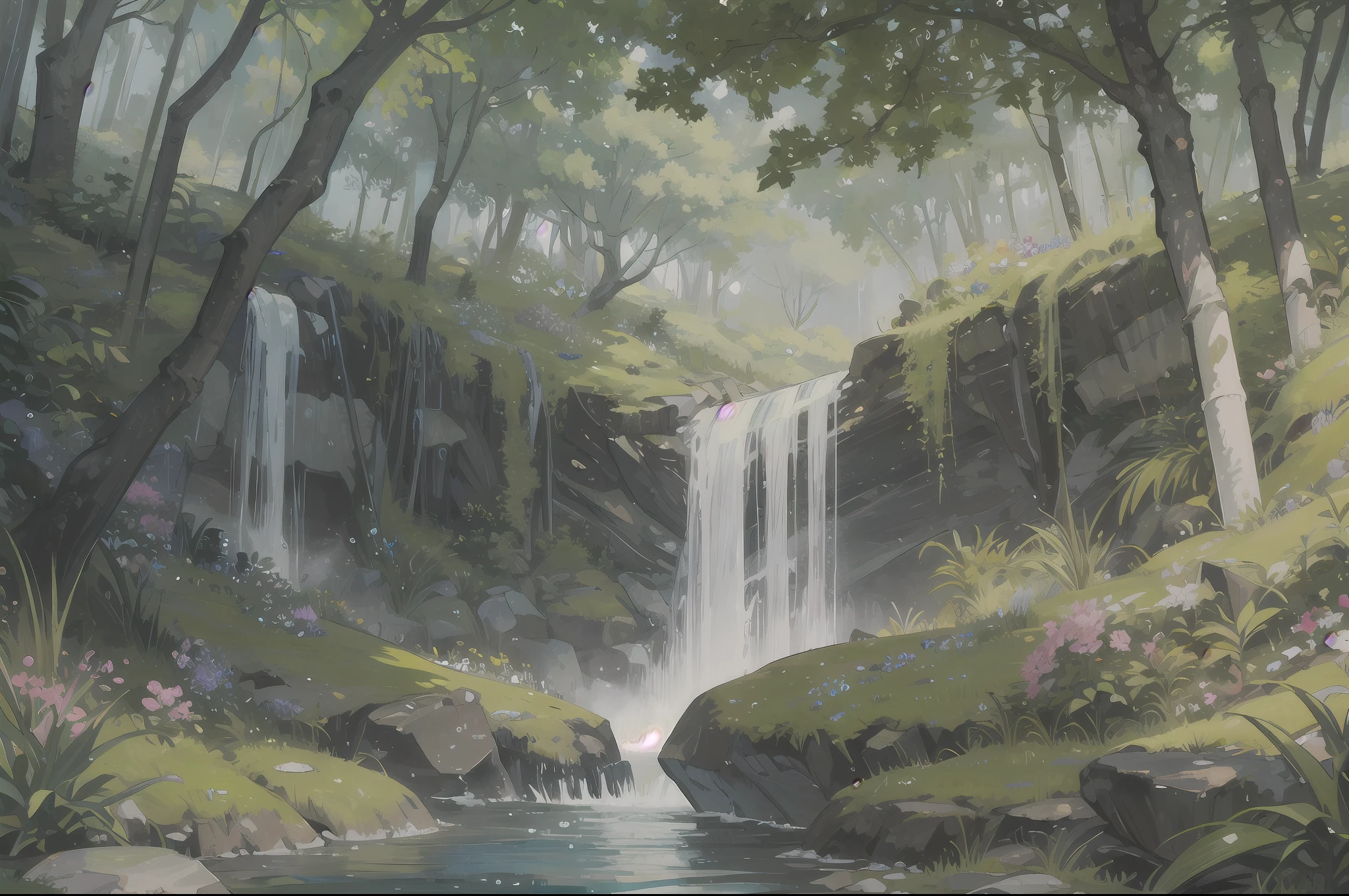 Masterpiece, best quality, 8K, high res, ultra-detailed, A scene of a waterfall cascading down a high cliff amongst lush greenery, adorned by vibrant flowers, towering pines, and delicate bamboo groves,no humans, sakura, beautiful view, ultra-detailed, fine detailed, highly detailed, intricate, highly detailed, ultra-detailed, scenery,no humans, lush green mountains, winding rivers, misty atmosphere, solitary, intricate details, delicate features, verdant trees, blooming flowers, druid's circle, soft moss, deep forest, intricate leaves and vines, wisps of light, still pool of water, pristine, verdant green, A picturesque scene of a waterfall cascading down a high cliff amongst lush greenery, adorned by vibrant flowers, towering pines, and delicate bamboo groves.