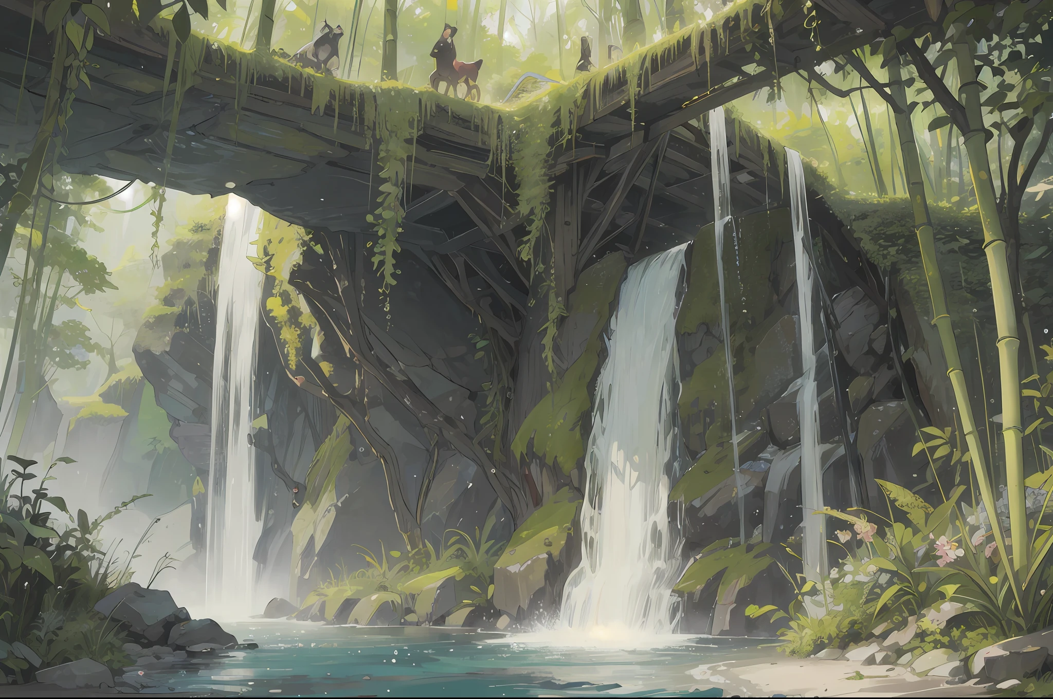 Masterpiece, best quality, 8K, high res, ultra-detailed, A scene of a waterfall cascading down a high cliff amongst lush greenery, adorned by vibrant flowers, towering pines, and delicate bamboo groves,no humans, sakura, beautiful view, ultra-detailed, fine detailed, highly detailed, intricate, highly detailed, ultra-detailed, scenery,no humans, lush green mountains, winding rivers, misty atmosphere, solitary, intricate details, delicate features, verdant trees, blooming flowers, druid's circle, soft moss, deep forest, intricate leaves and vines, wisps of light, still pool of water, pristine, verdant green, A picturesque scene of a waterfall cascading down a high cliff amongst lush greenery, adorned by vibrant flowers, towering pines, and delicate bamboo groves.